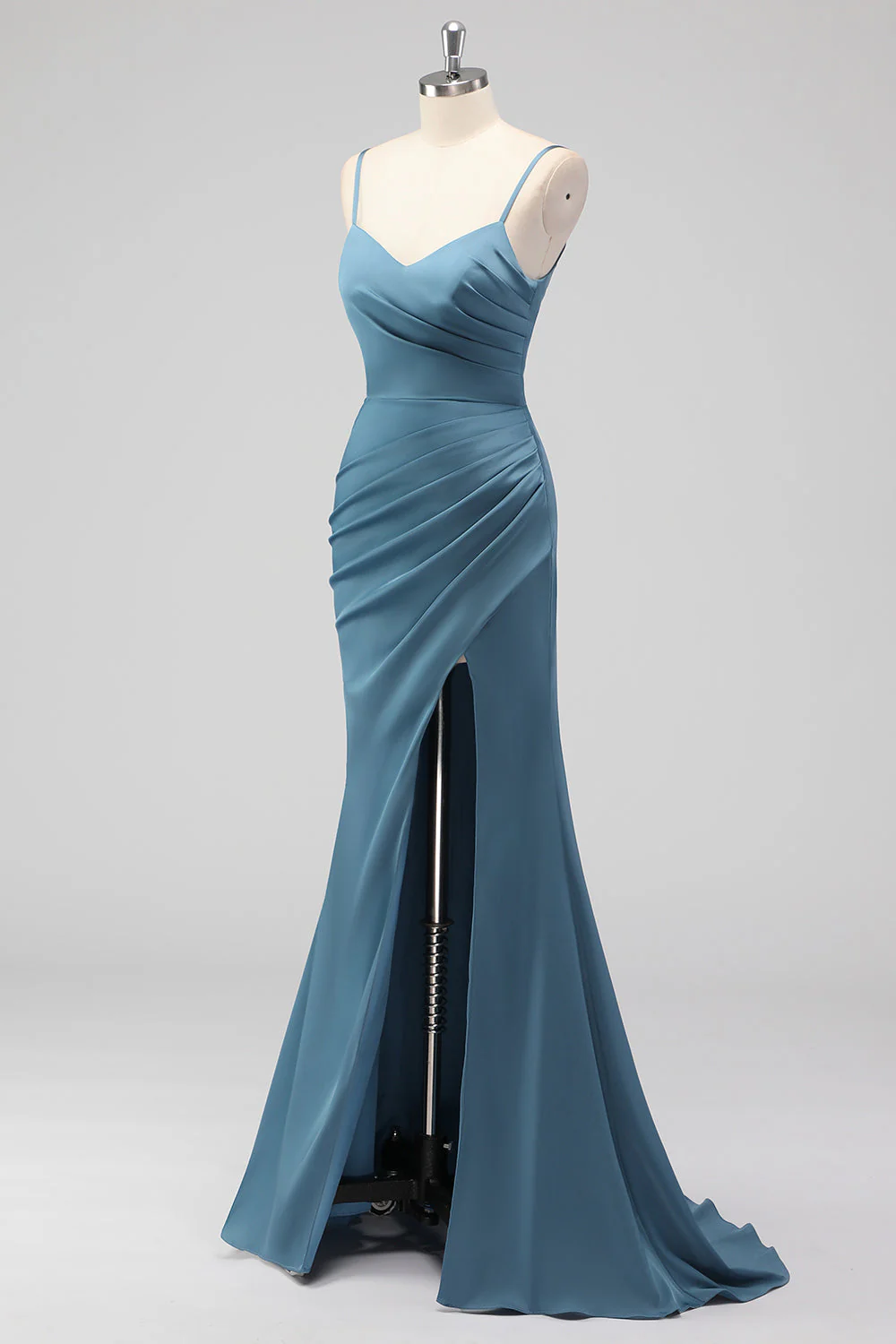 Dusty Blue Spaghetti Straps Mermaid Satin Long Bridesmaid Dress with Slit - Image 3