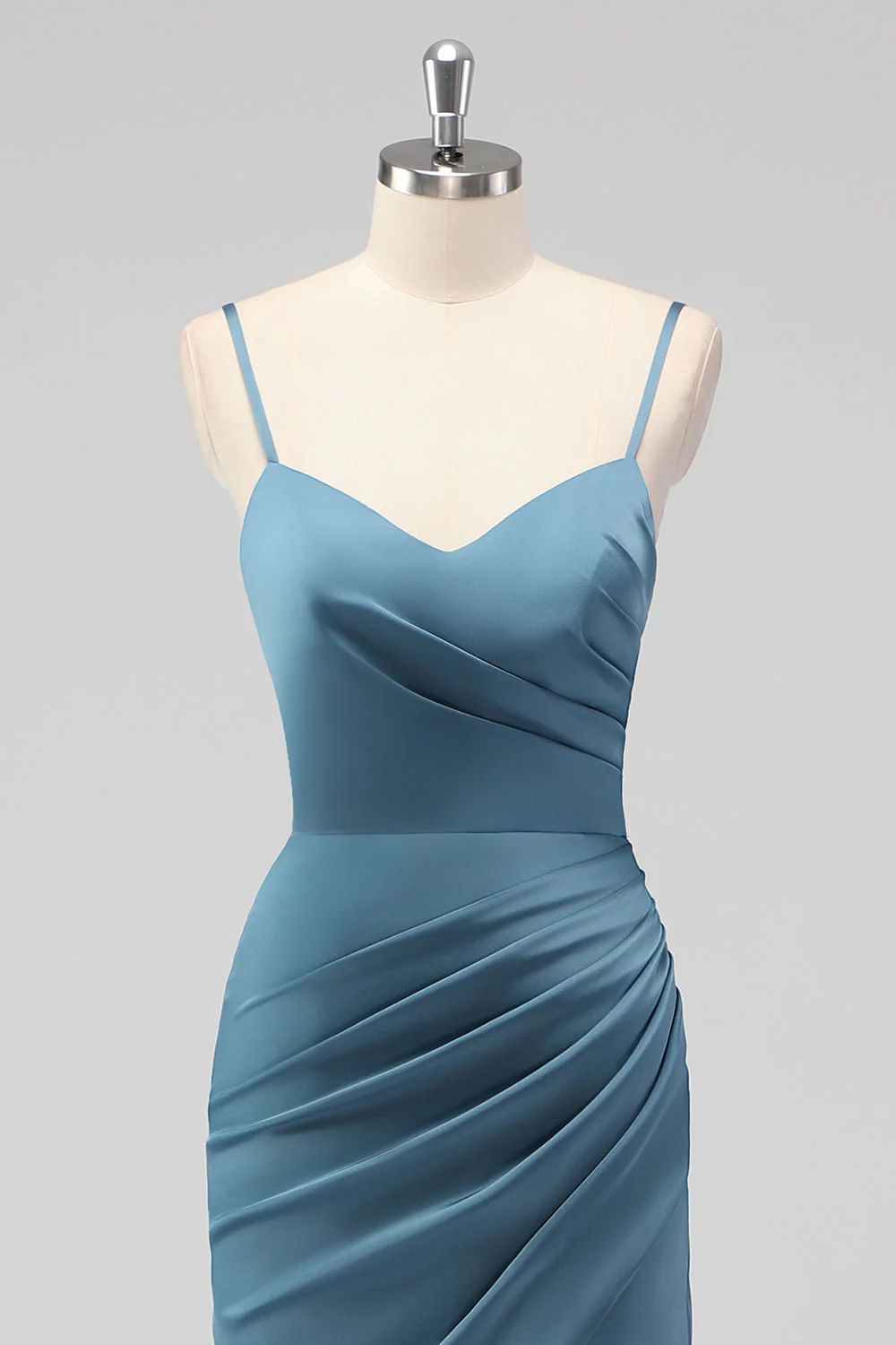 Dusty Blue Spaghetti Straps Mermaid Satin Long Bridesmaid Dress with Slit - Image 4