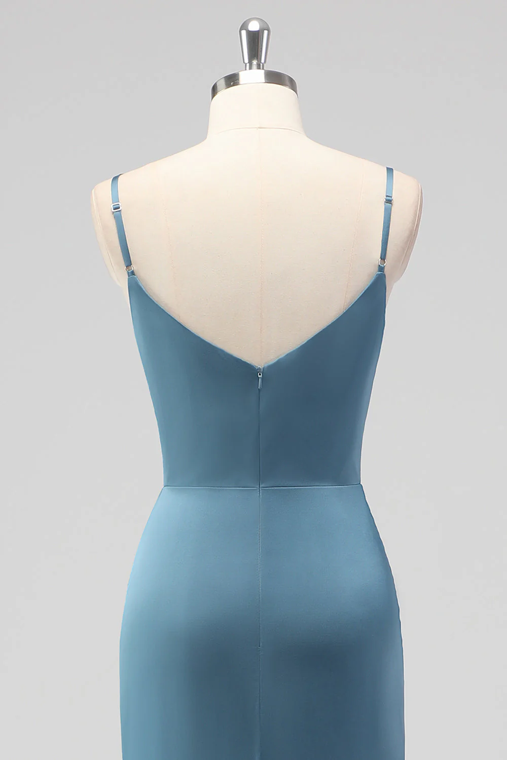 Dusty Blue Spaghetti Straps Mermaid Satin Long Bridesmaid Dress with Slit - Image 5