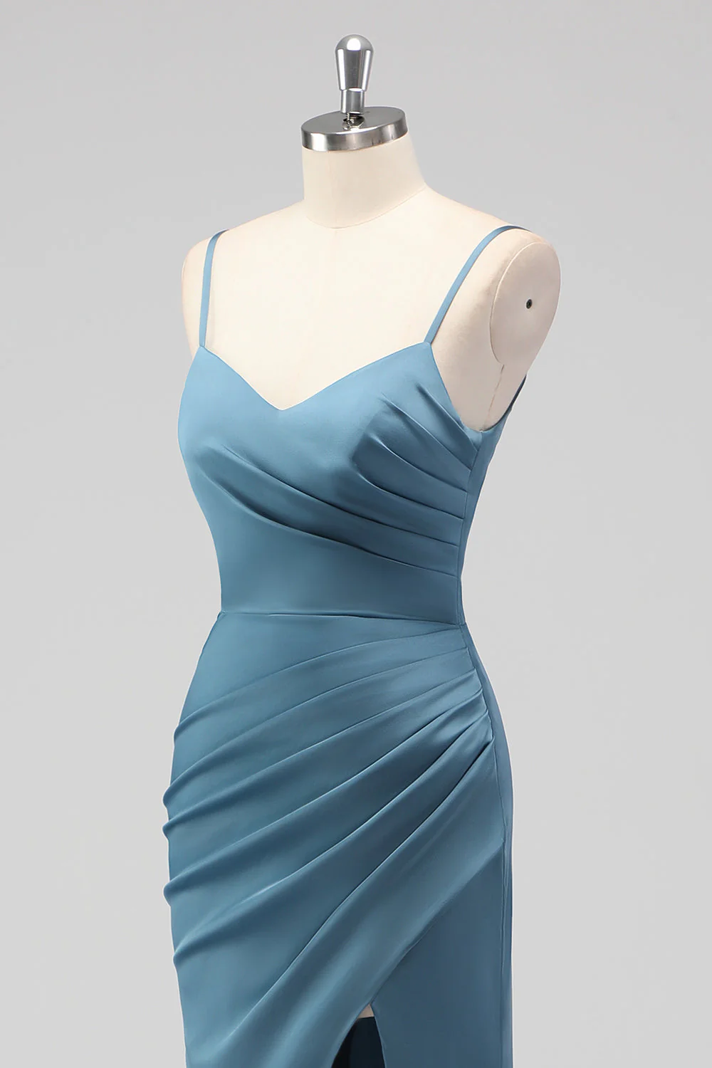 Dusty Blue Spaghetti Straps Mermaid Satin Long Bridesmaid Dress with Slit - Image 6