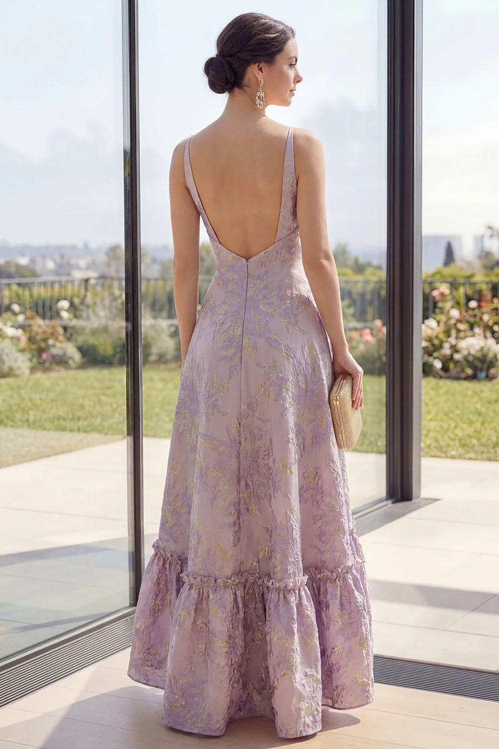 Dusty Lilac A Line Jacquard V-Neck Maxi Floral Dress - Image 2