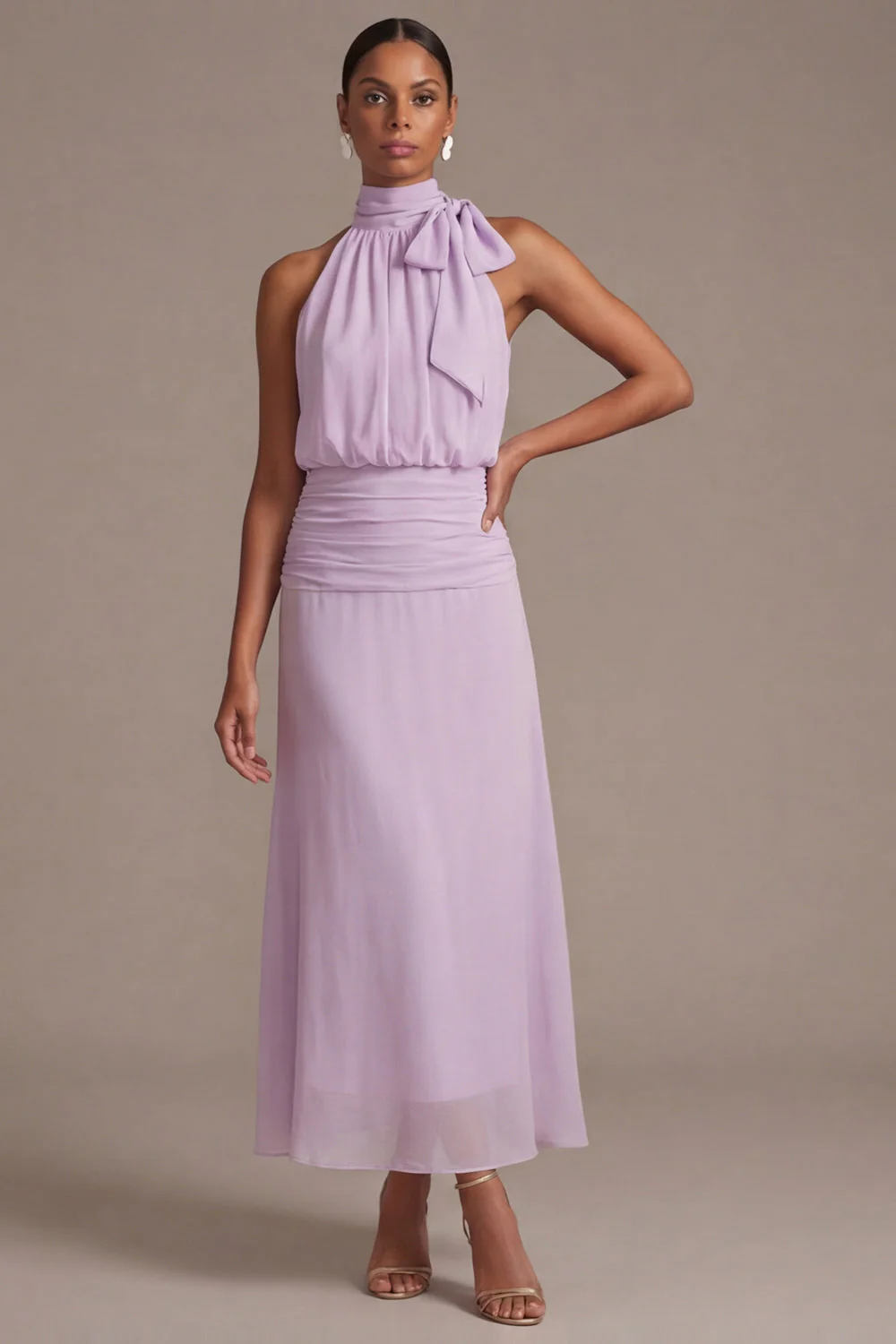 Lilac A Line Halter Long Floral Dress with Bow