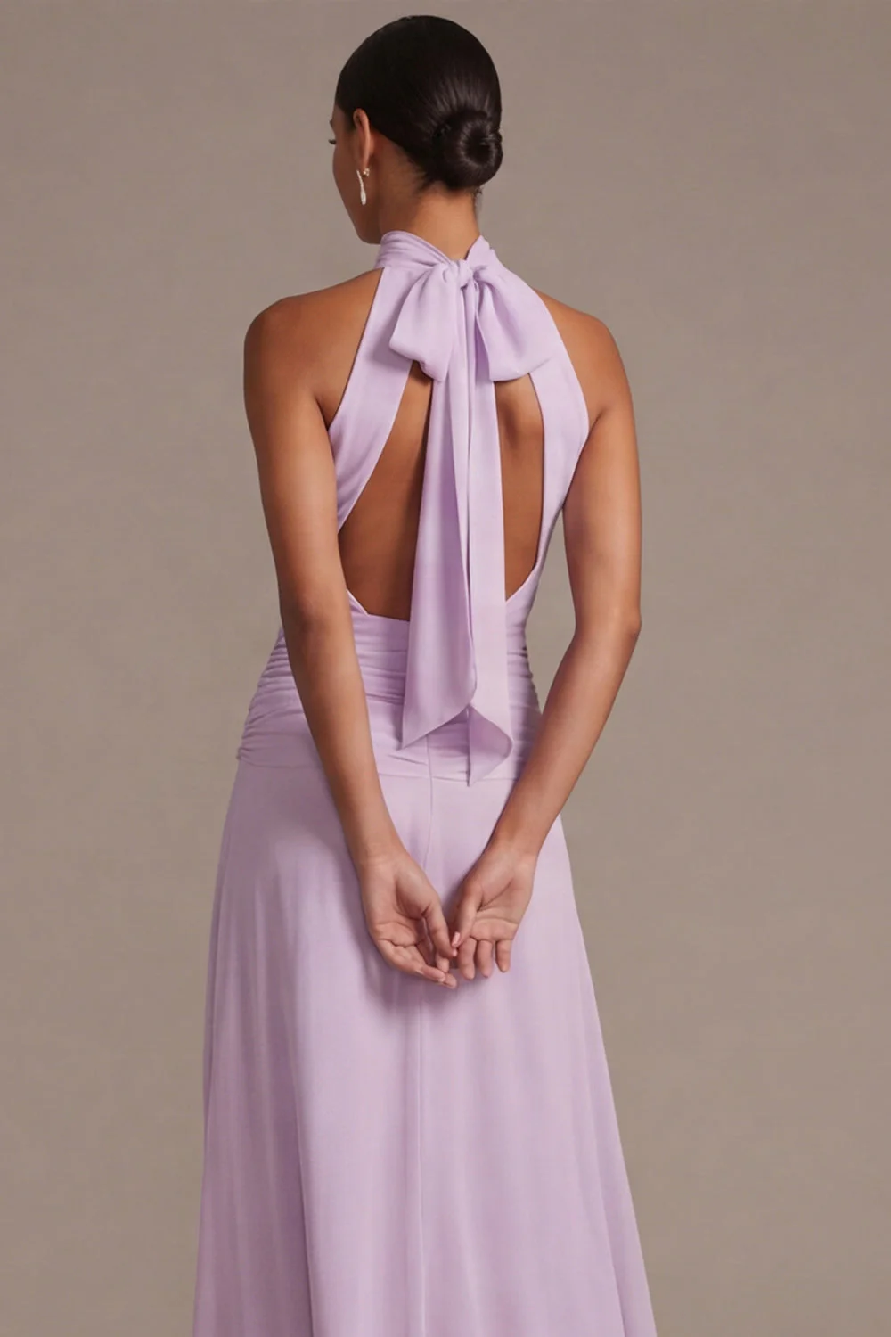 Lilac A Line Halter Long Floral Dress with Bow - Image 2