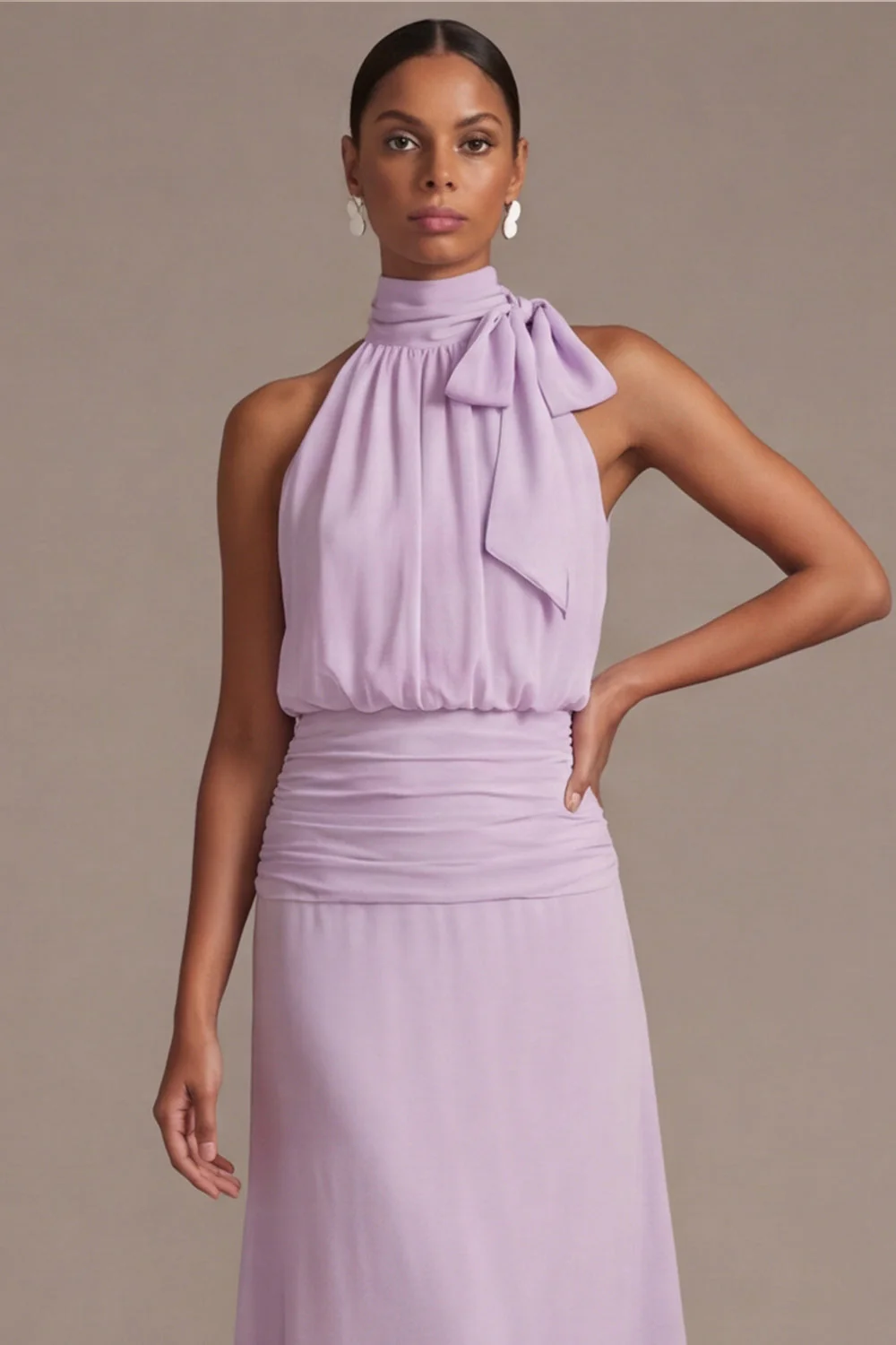 Lilac A Line Halter Long Floral Dress with Bow - Image 3
