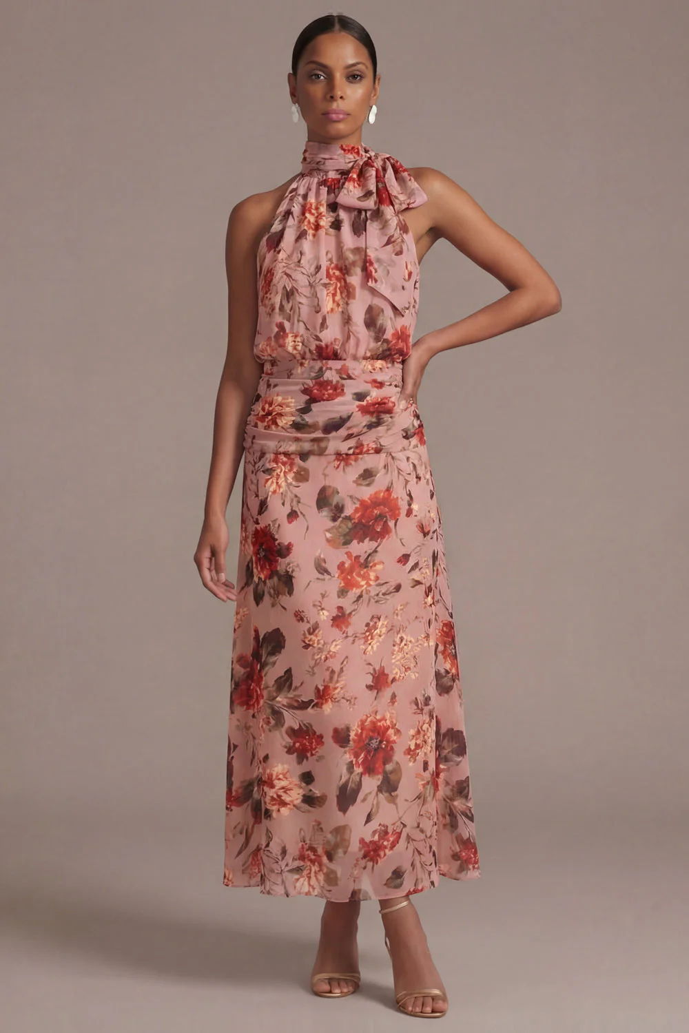 Lilac A Line Halter Long Floral Dress with Bow - Image 6