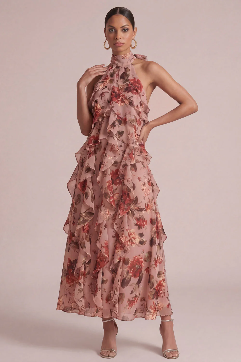 Dusty Rose Halter Ruffled A Line Long Floral Dress