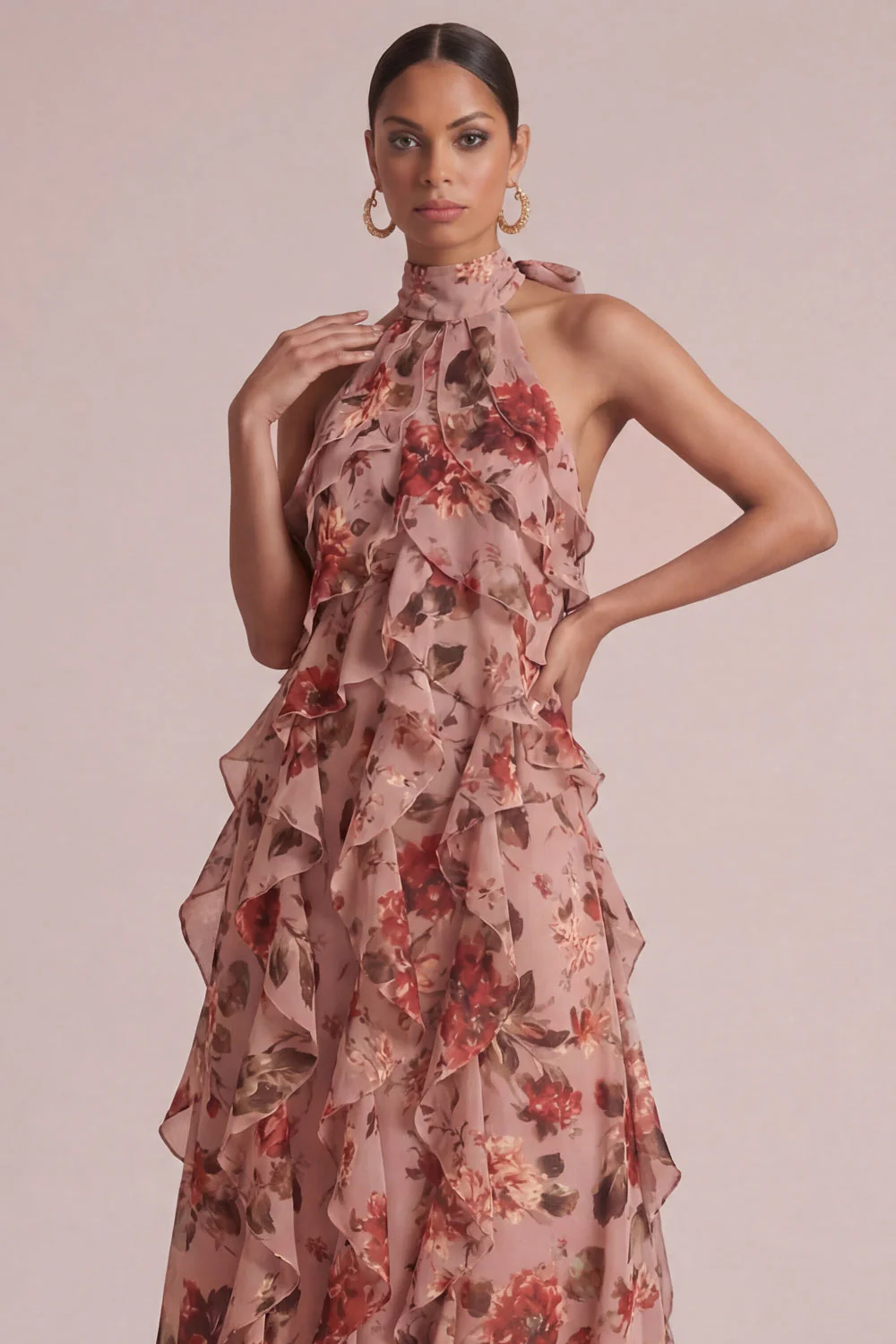 Dusty Rose Halter Ruffled A Line Long Floral Dress - Image 2