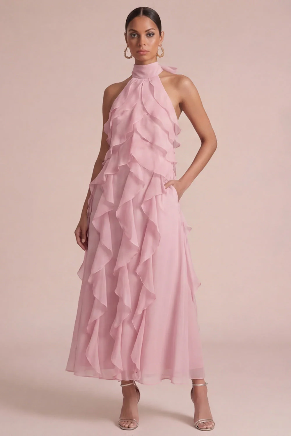 Dusty Rose Halter Ruffled A Line Long Floral Dress - Image 3