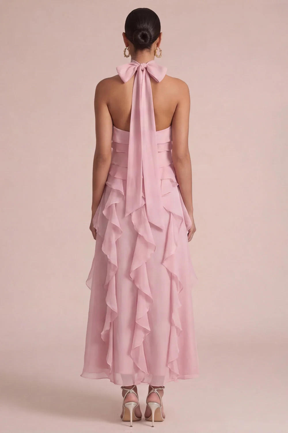Dusty Rose Halter Ruffled A Line Long Floral Dress - Image 4