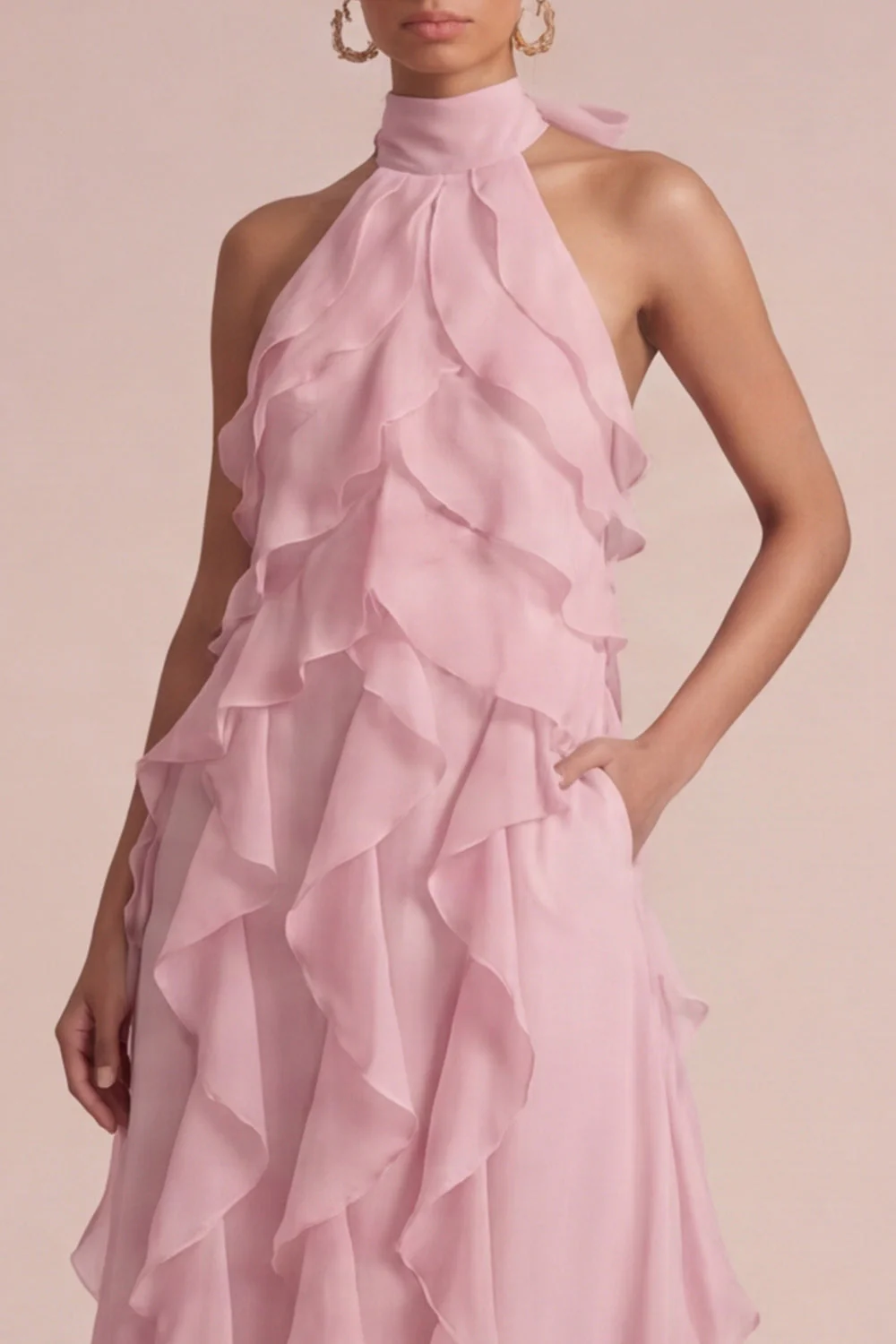 Dusty Rose Halter Ruffled A Line Long Floral Dress - Image 5