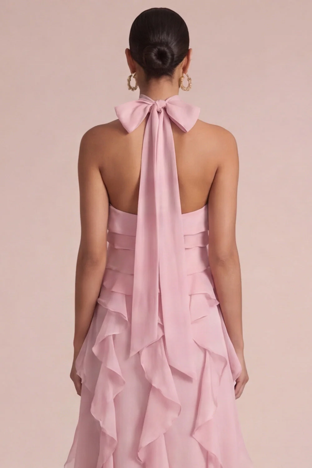 Dusty Rose Halter Ruffled A Line Long Floral Dress - Image 6