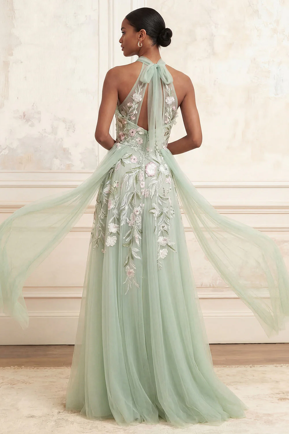 Dusty Sage A-Line Halter Sequins Embroidered Tulle Long Prom Dress - Image 2