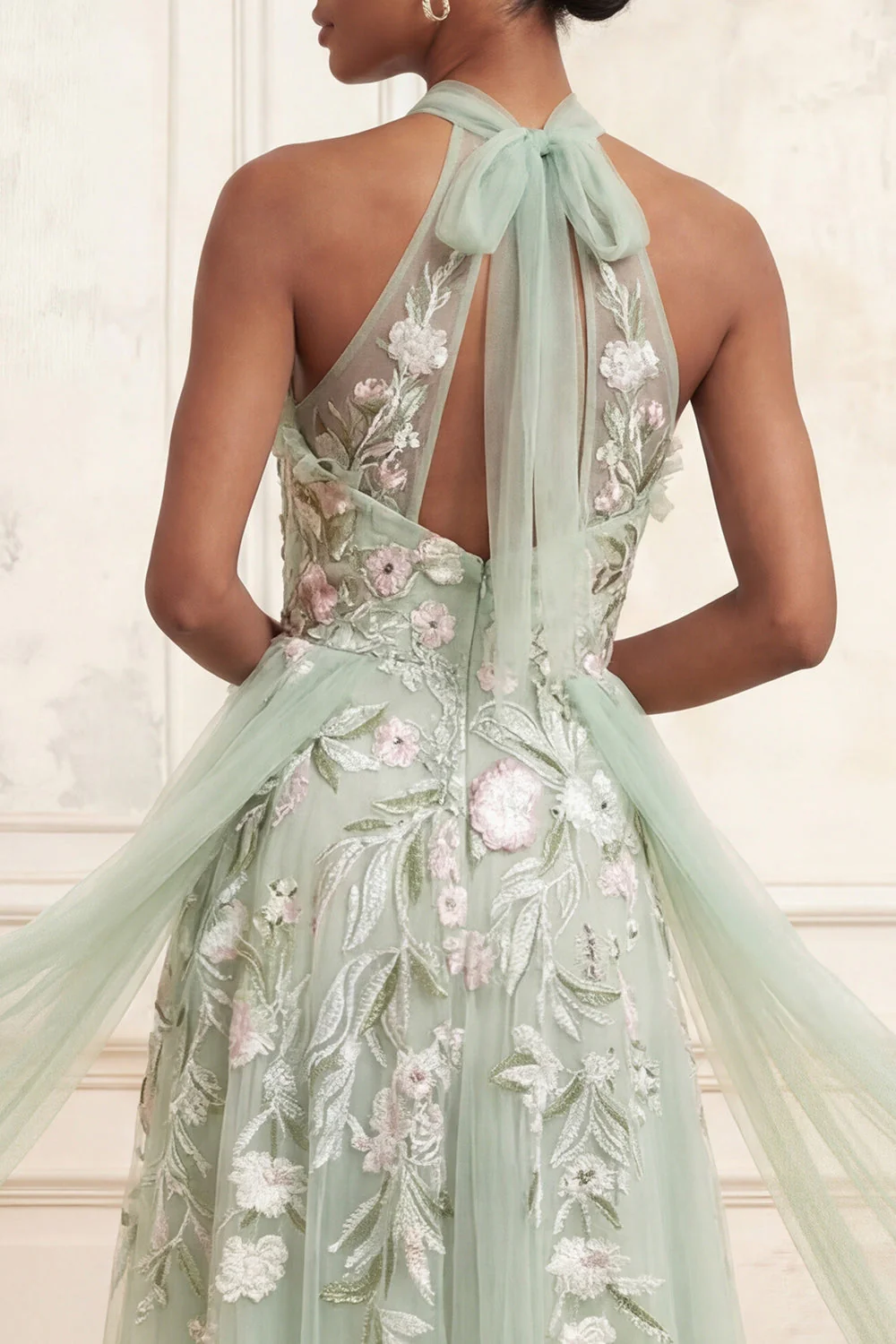Dusty Sage A-Line Halter Sequins Embroidered Tulle Long Prom Dress - Image 4