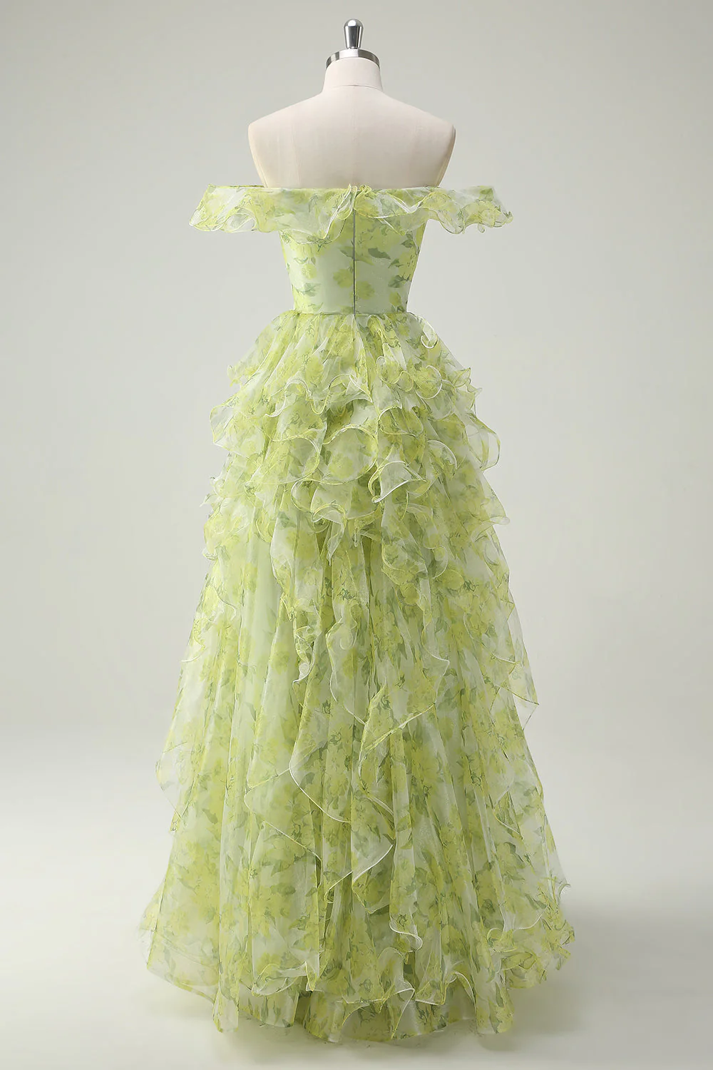 Dusty Sage Floral Ruffled A-Line Square Neck Long Prom Dress - Image 2