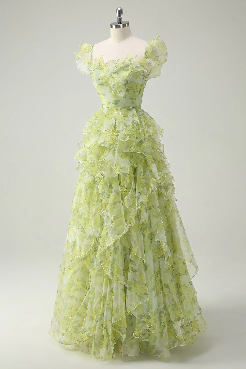 Dusty Sage Floral Ruffled A-Line Square Neck Long Prom Dress - Image 3
