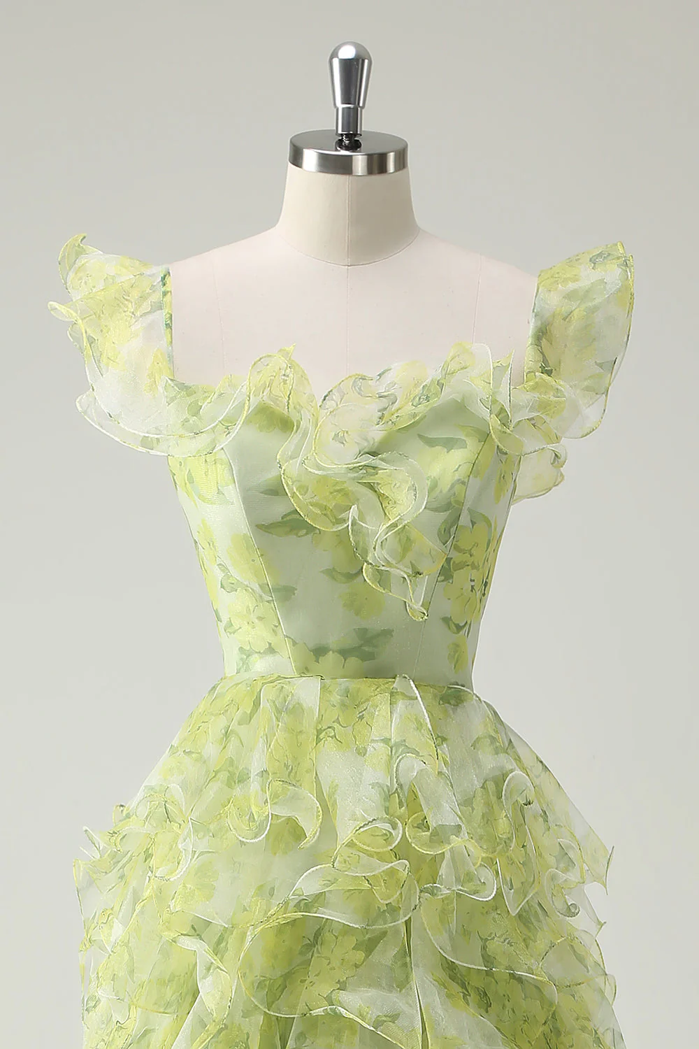 Dusty Sage Floral Ruffled A-Line Square Neck Long Prom Dress - Image 4
