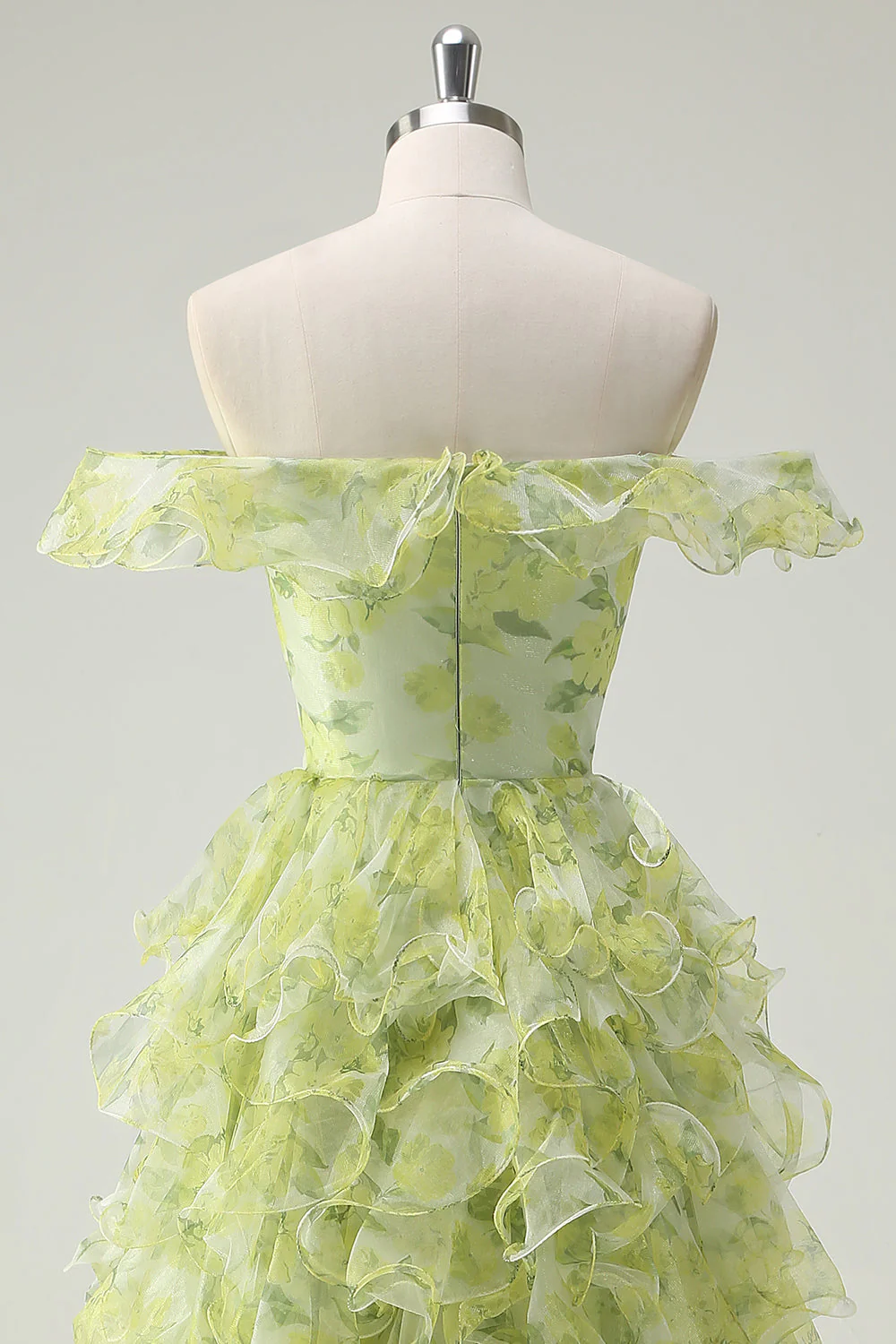Dusty Sage Floral Ruffled A-Line Square Neck Long Prom Dress - Image 5