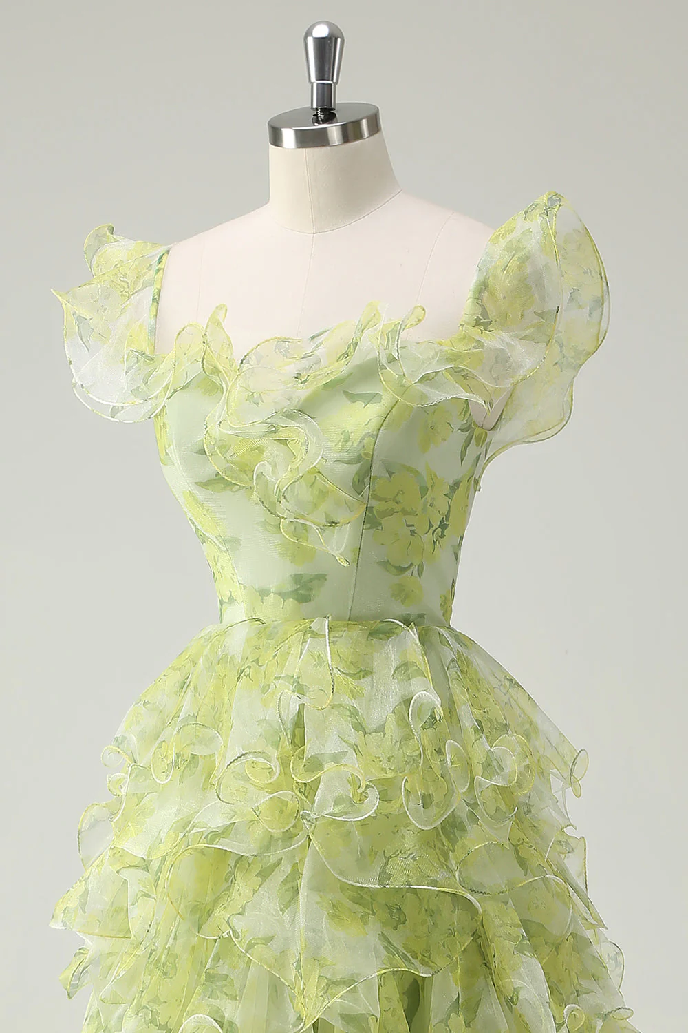 Dusty Sage Floral Ruffled A-Line Square Neck Long Prom Dress - Image 6