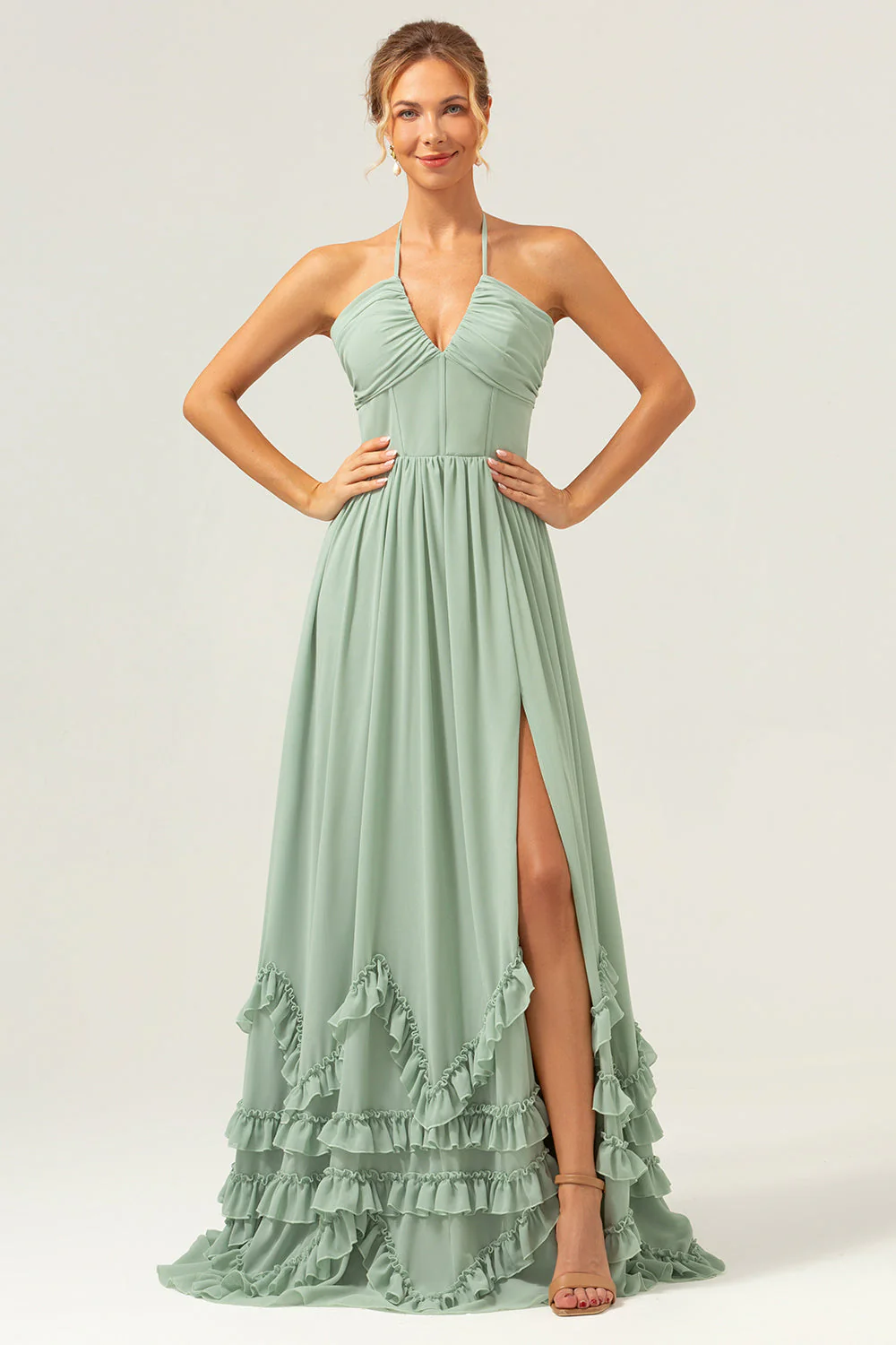 Dusty Sage Halter Ruffled Bridesmaid Dress with Slit - Image 3