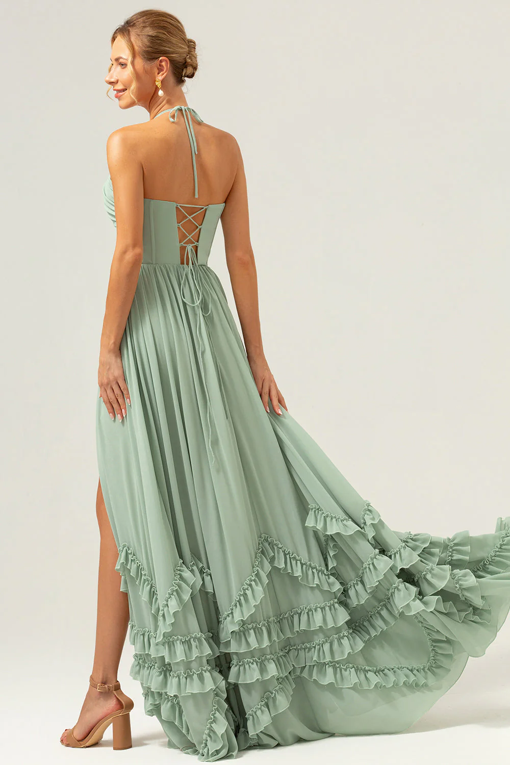 Dusty Sage Halter Ruffled Bridesmaid Dress with Slit - Image 4
