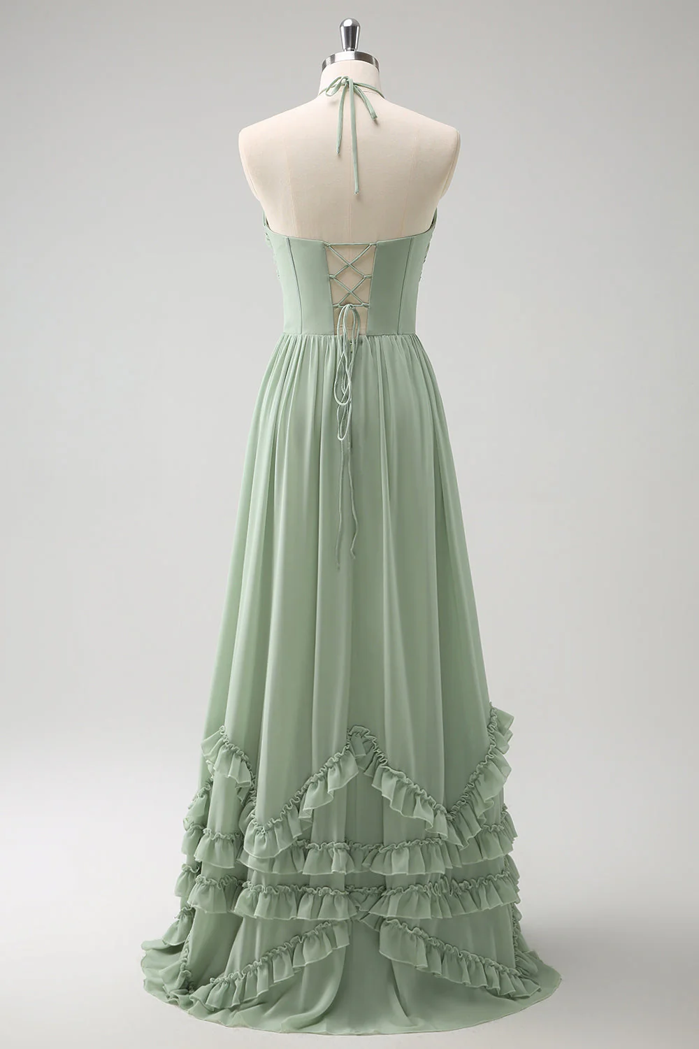 Dusty Sage Halter Ruffled Bridesmaid Dress with Slit - Image 2