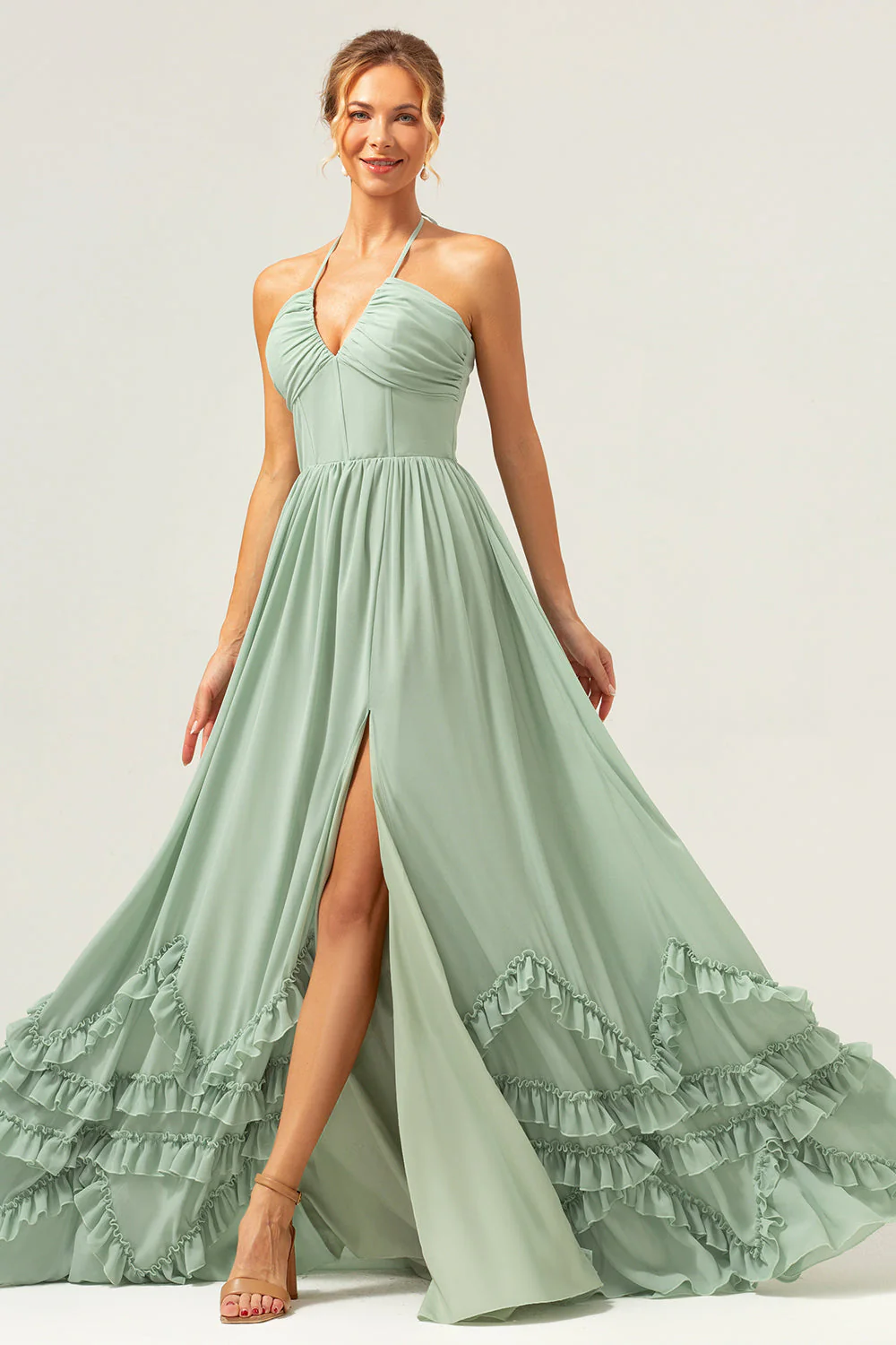 Dusty Sage Halter Corset Ruffled Long Bridesmaid Dress with Slit - Image 5