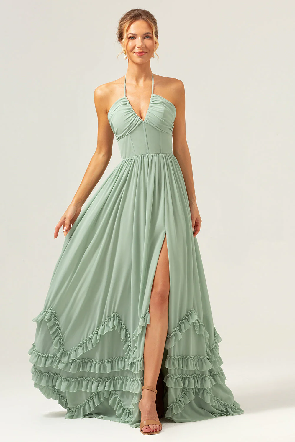 Dusty Sage Halter Corset Ruffled Long Bridesmaid Dress with Slit - Image 6