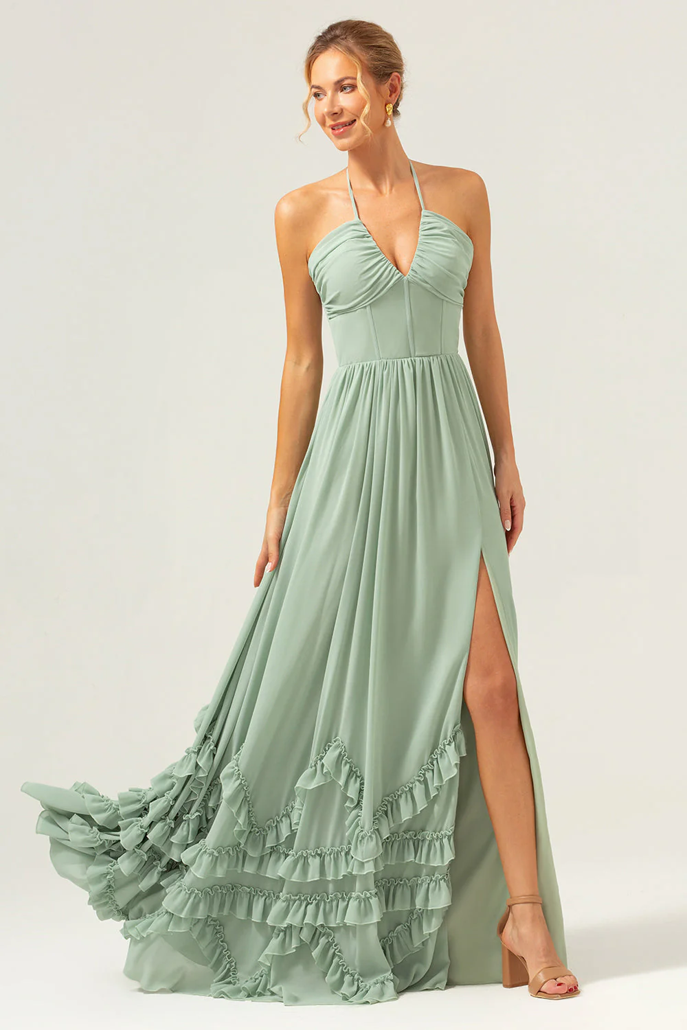 Dusty Sage Halter Corset Ruffled Long Bridesmaid Dress with Slit - Image 7