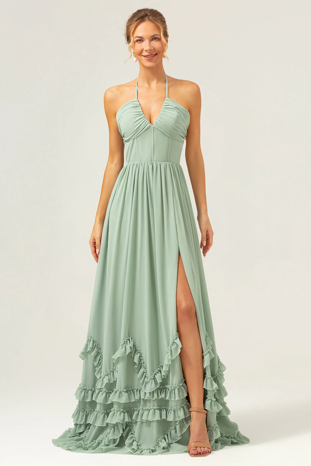 Dusty Sage Halter Corset Ruffled Long Bridesmaid Dress with Slit - Image 8