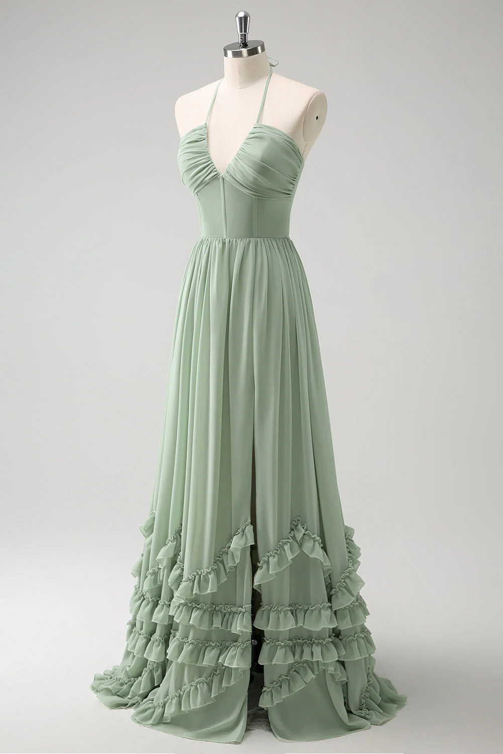 Dusty Sage Halter Ruffled Bridesmaid Dress with Slit - Image 5