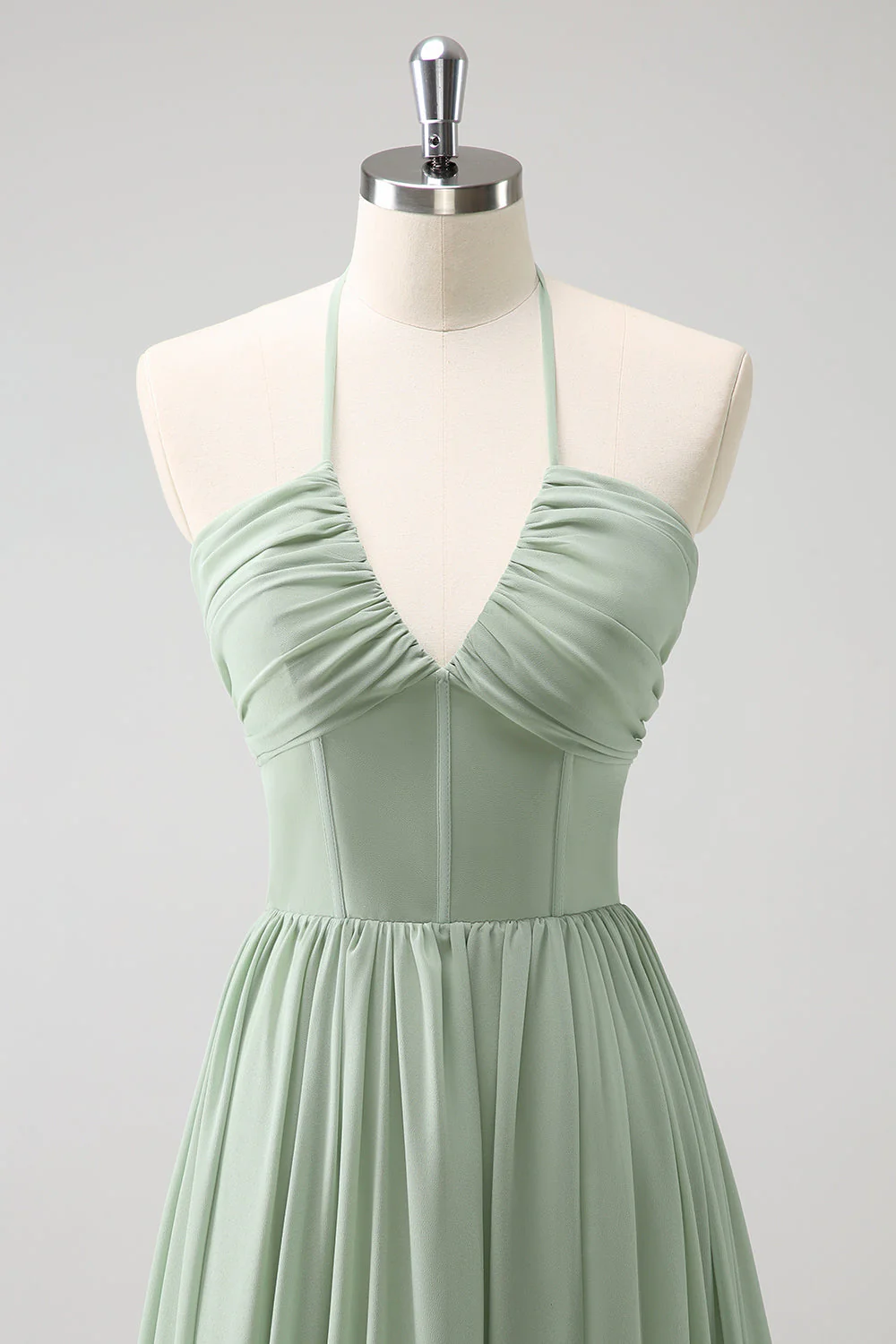 Dusty Sage Halter Ruffled Bridesmaid Dress with Slit - Image 6