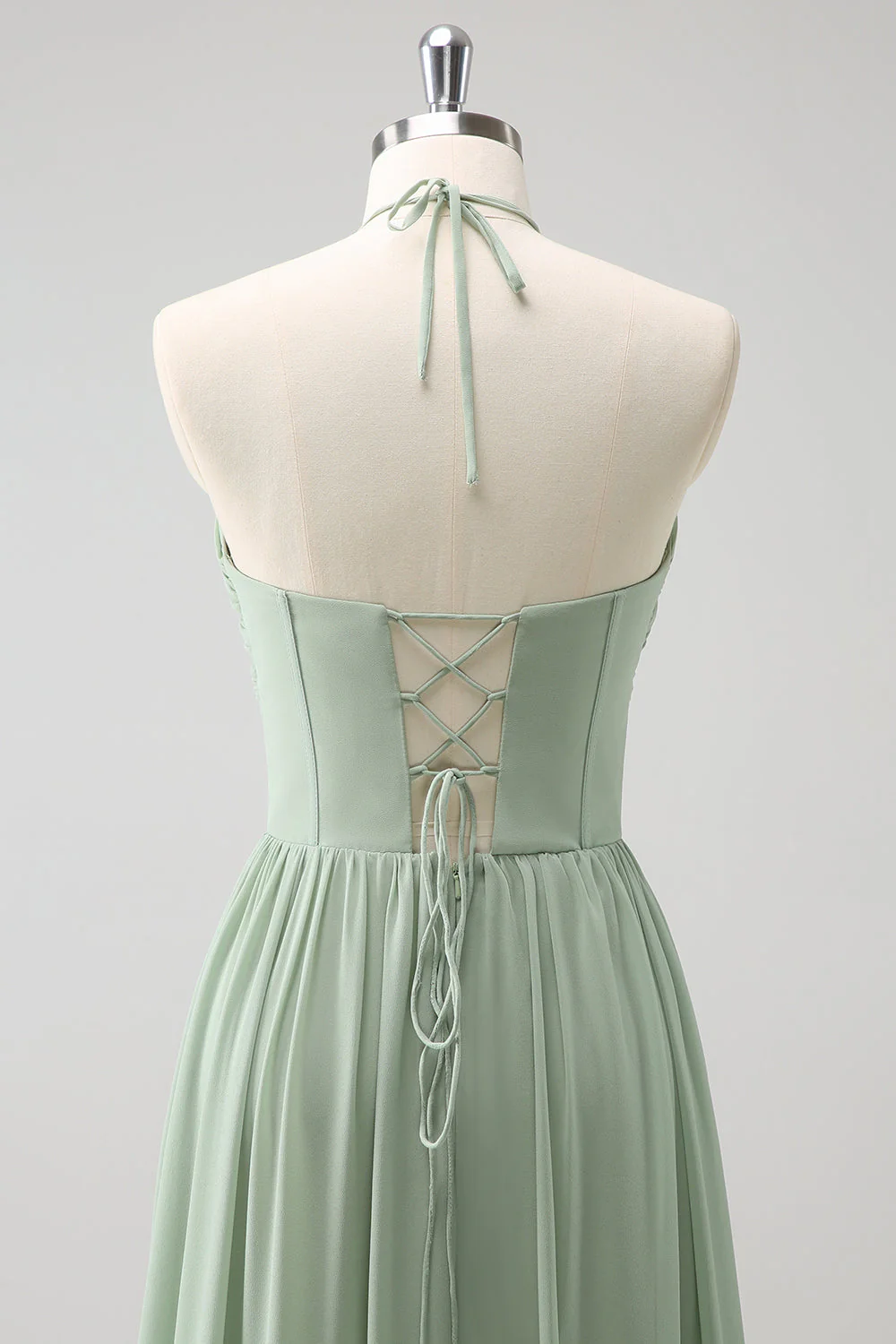 Dusty Sage Halter Ruffled Bridesmaid Dress with Slit - Image 7