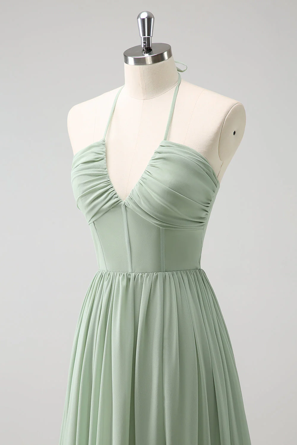 Dusty Sage Halter Ruffled Bridesmaid Dress with Slit - Image 8