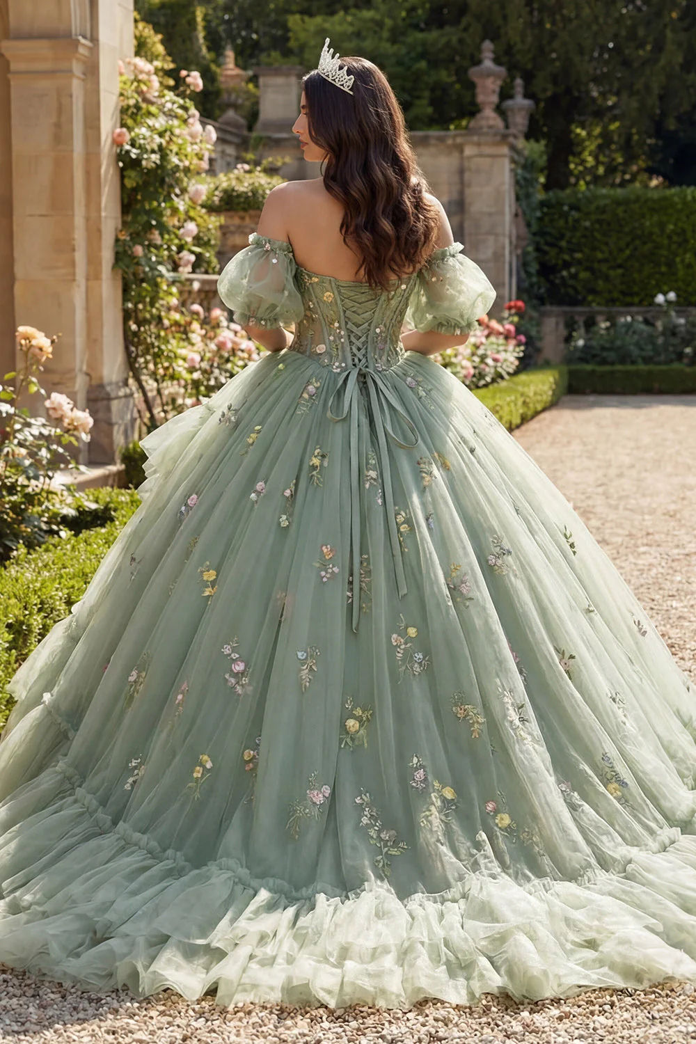 Dusty Sage Off The Shoulder Floral Corset Tulle Quinceanera Dress - Image 2