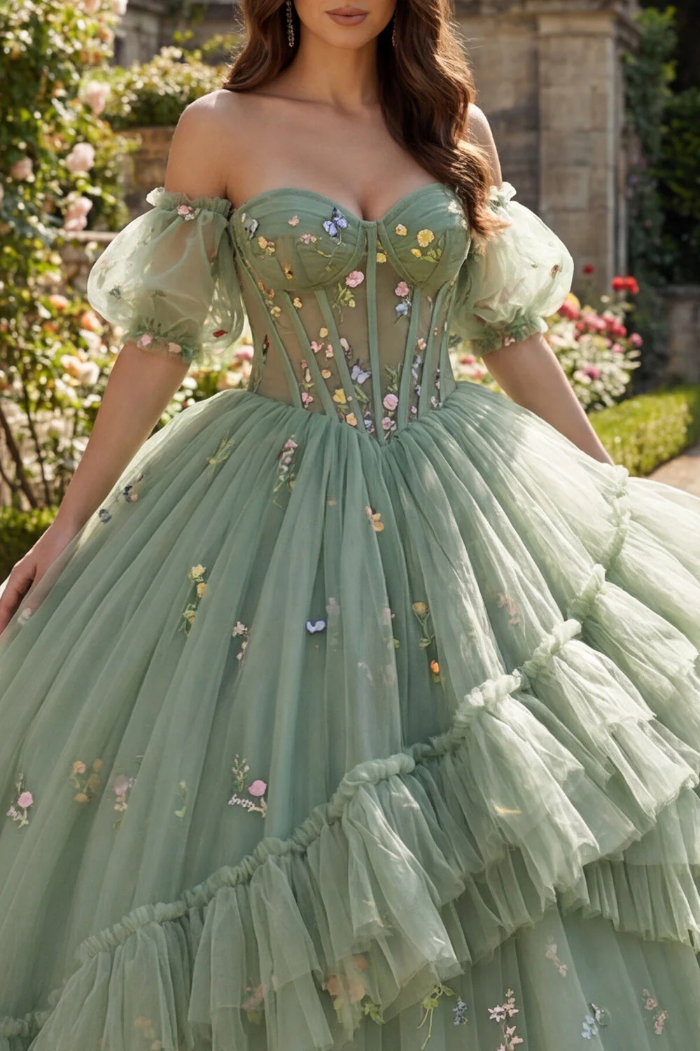 Dusty Sage Off The Shoulder Floral Corset Tulle Quinceanera Dress - Image 3