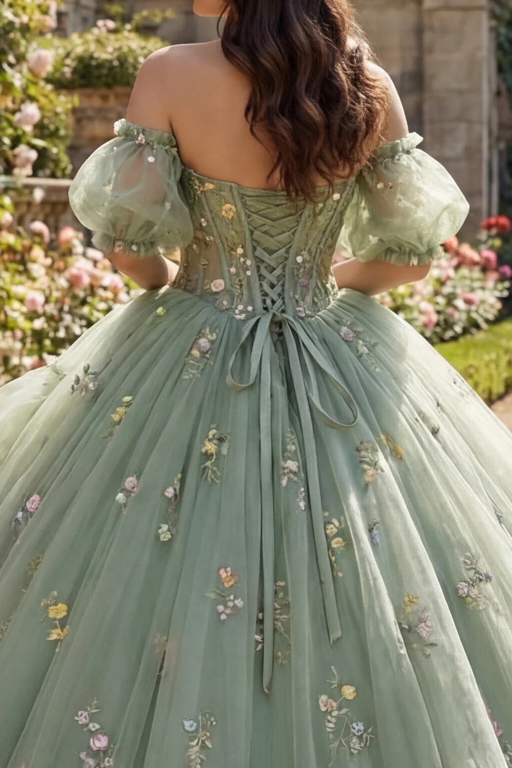 Dusty Sage Off The Shoulder Floral Corset Tulle Quinceanera Dress - Image 4