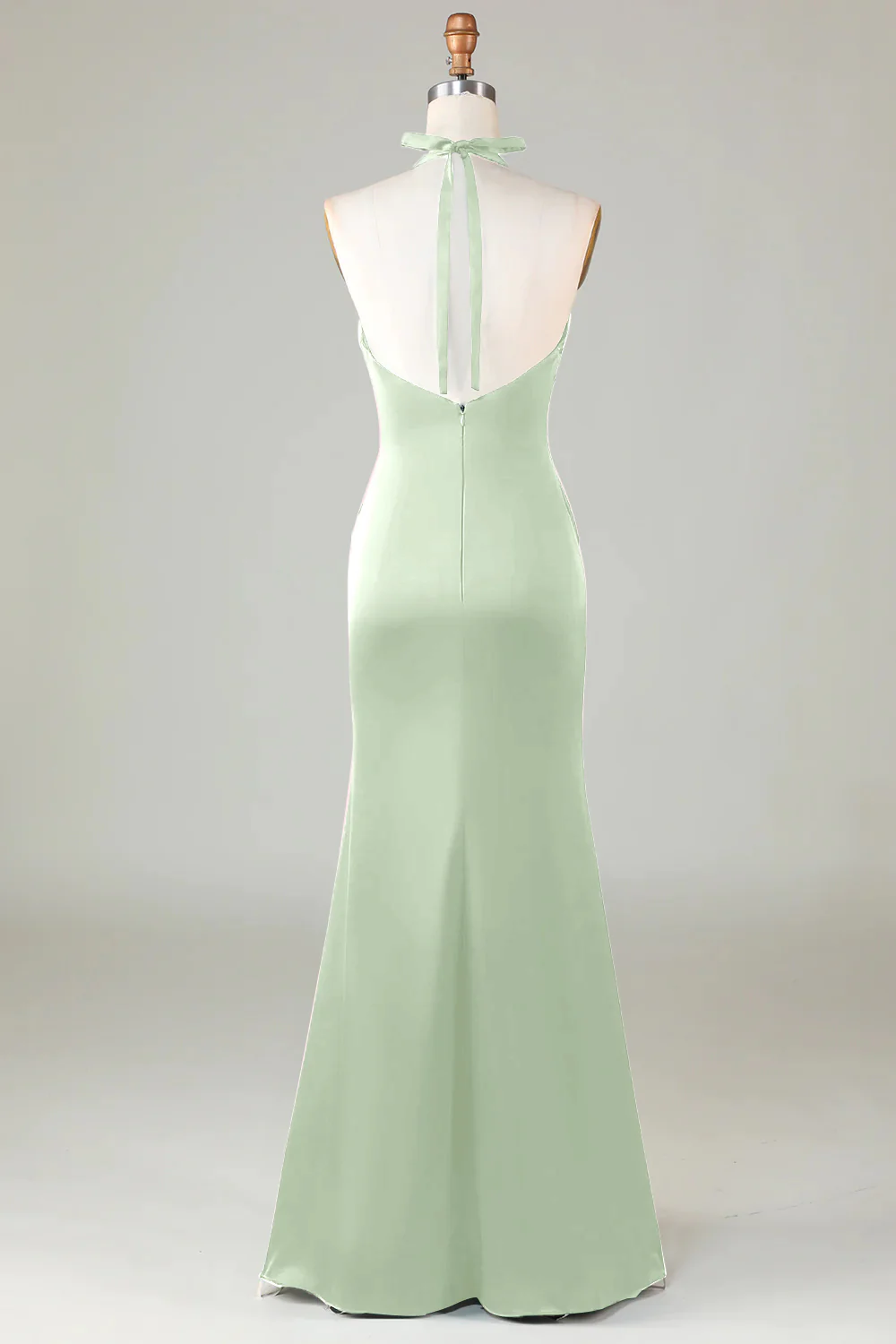 Dusty Sage Satin Mermaid Ruched Halter Bridesmaid Dress - Image 10