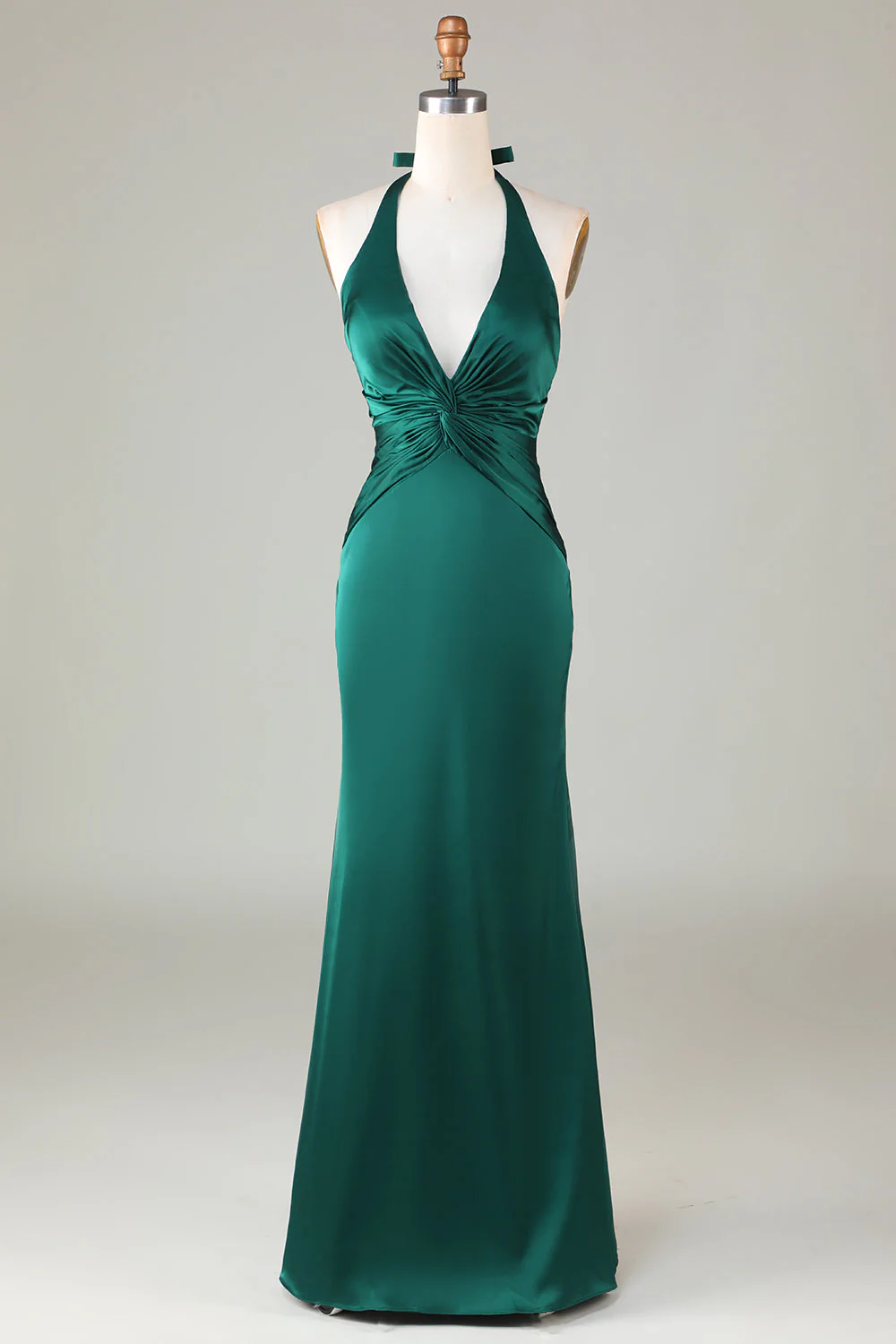 Dusty Sage Satin Mermaid Ruched Halter Bridesmaid Dress - Image 11