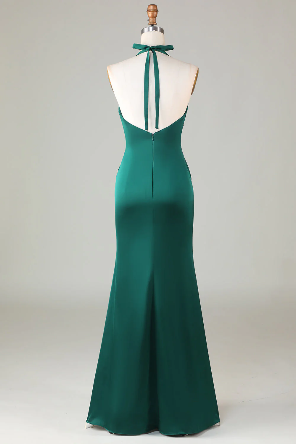 Dusty Sage Satin Mermaid Ruched Halter Bridesmaid Dress - Image 12