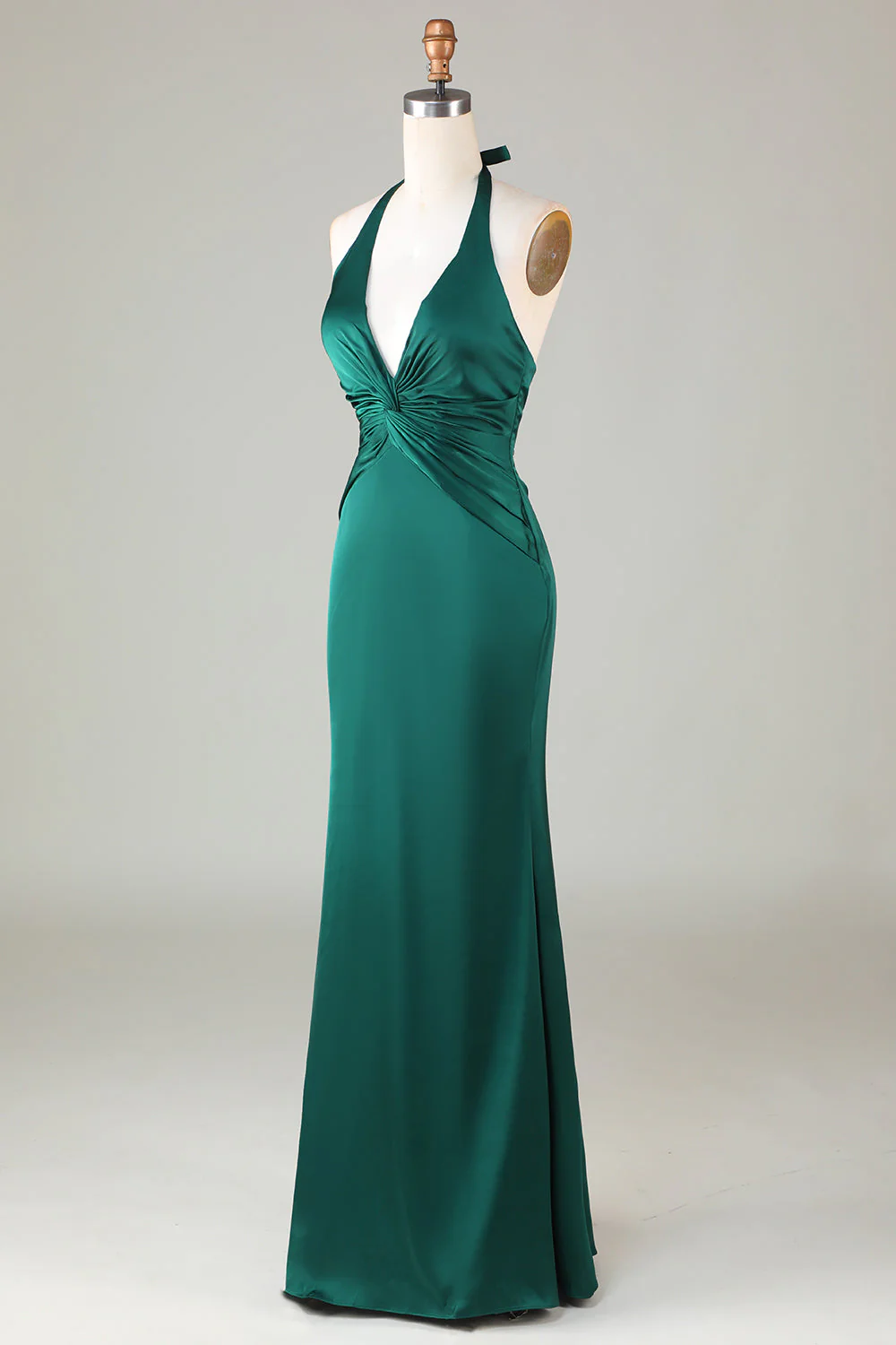 Dusty Sage Satin Mermaid Ruched Halter Bridesmaid Dress - Image 13