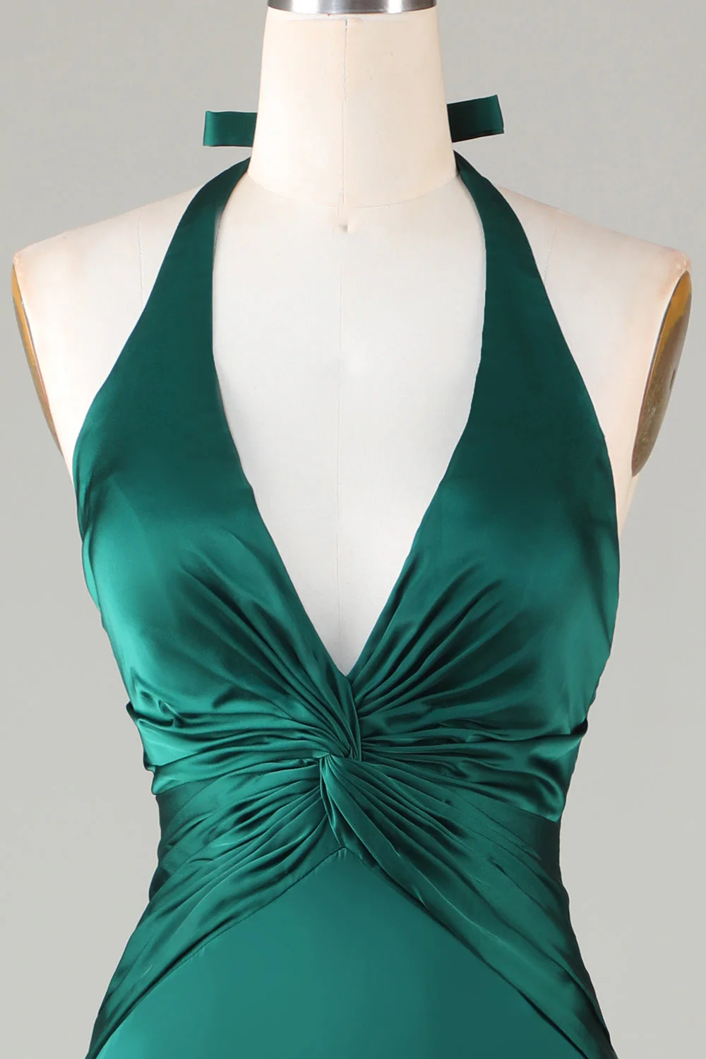 Dusty Sage Satin Mermaid Ruched Halter Bridesmaid Dress - Image 14