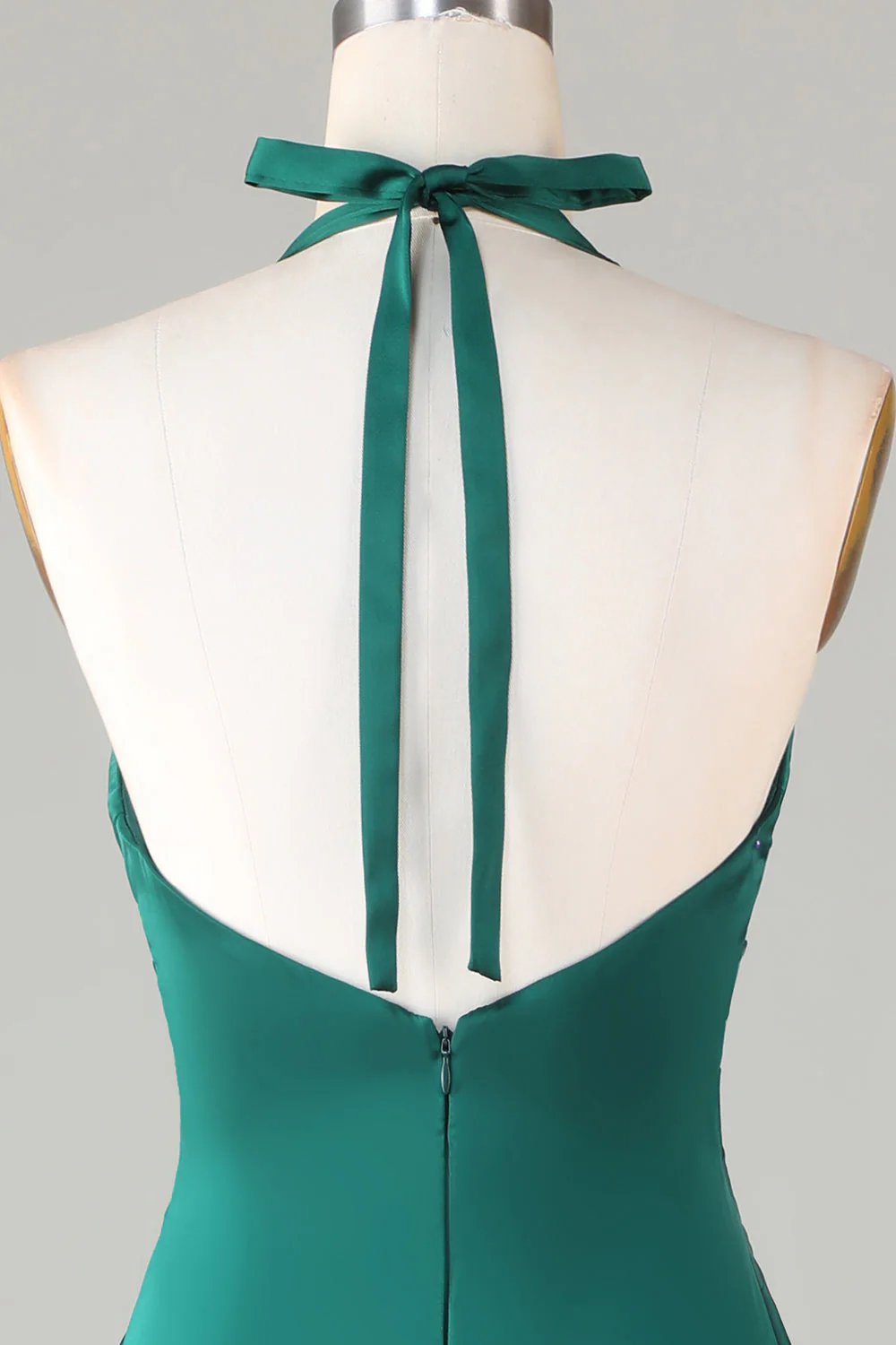 Dusty Sage Satin Mermaid Ruched Halter Bridesmaid Dress - Image 15