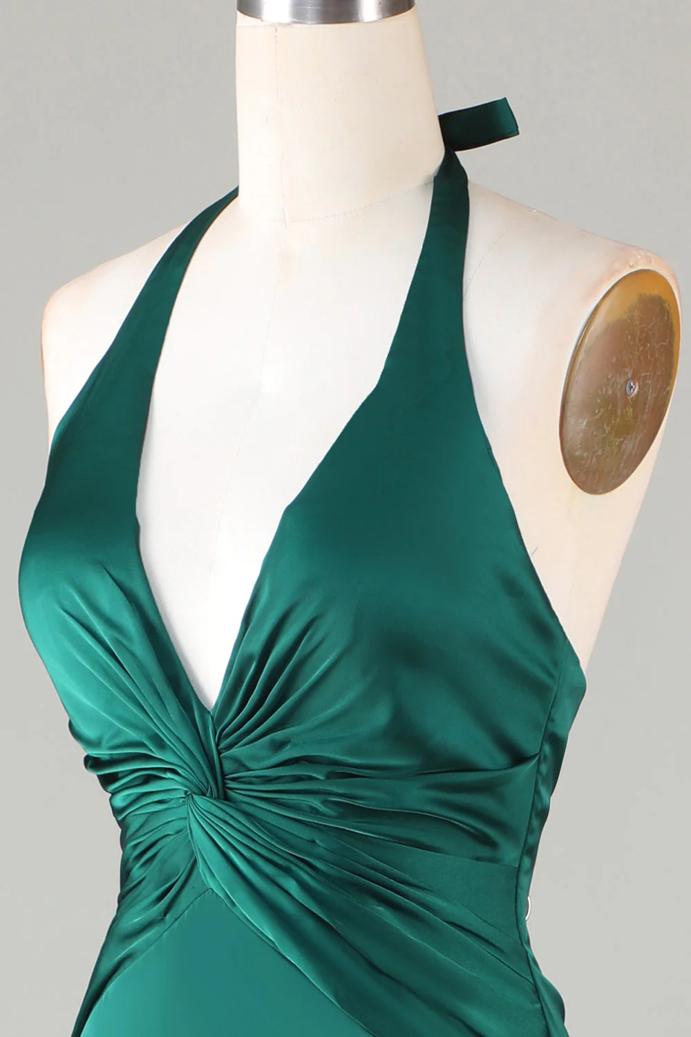 Dusty Sage Satin Mermaid Ruched Halter Bridesmaid Dress - Image 16