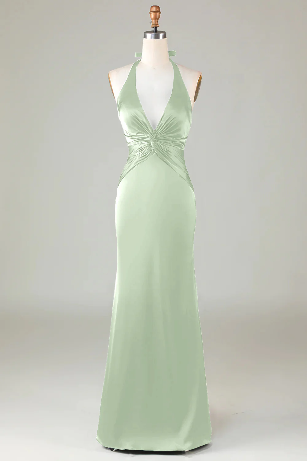 Dusty Sage Satin Mermaid Ruched Halter Bridesmaid Dress - Image 9