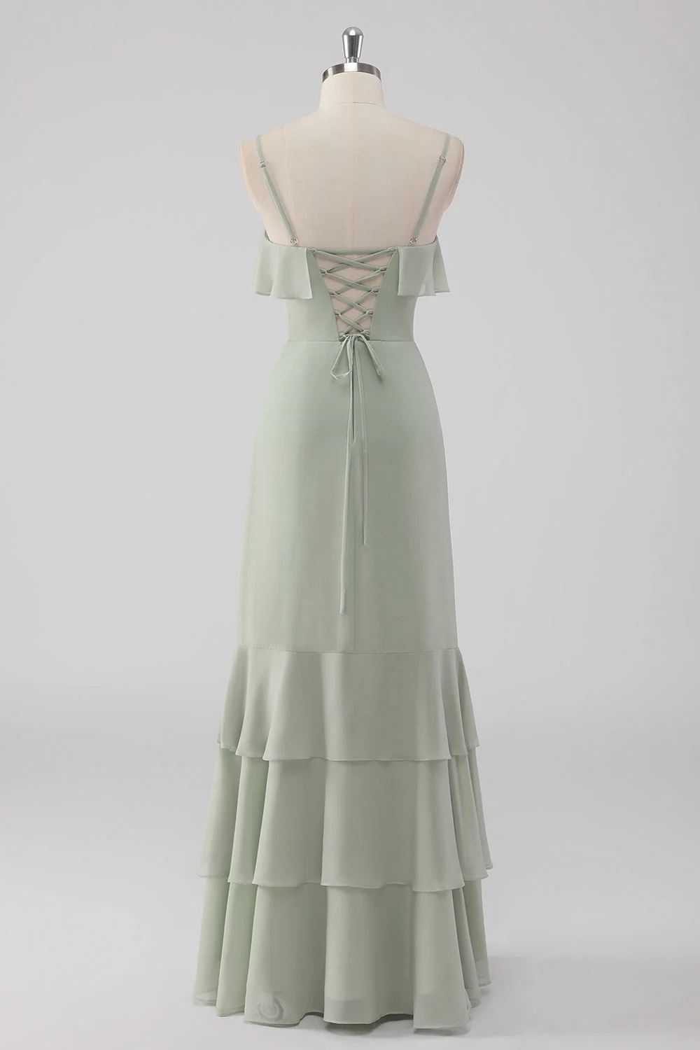 Dusty Sage Sheath Ruffled Spaghetti Straps Bridesmaid Dress - Image 2