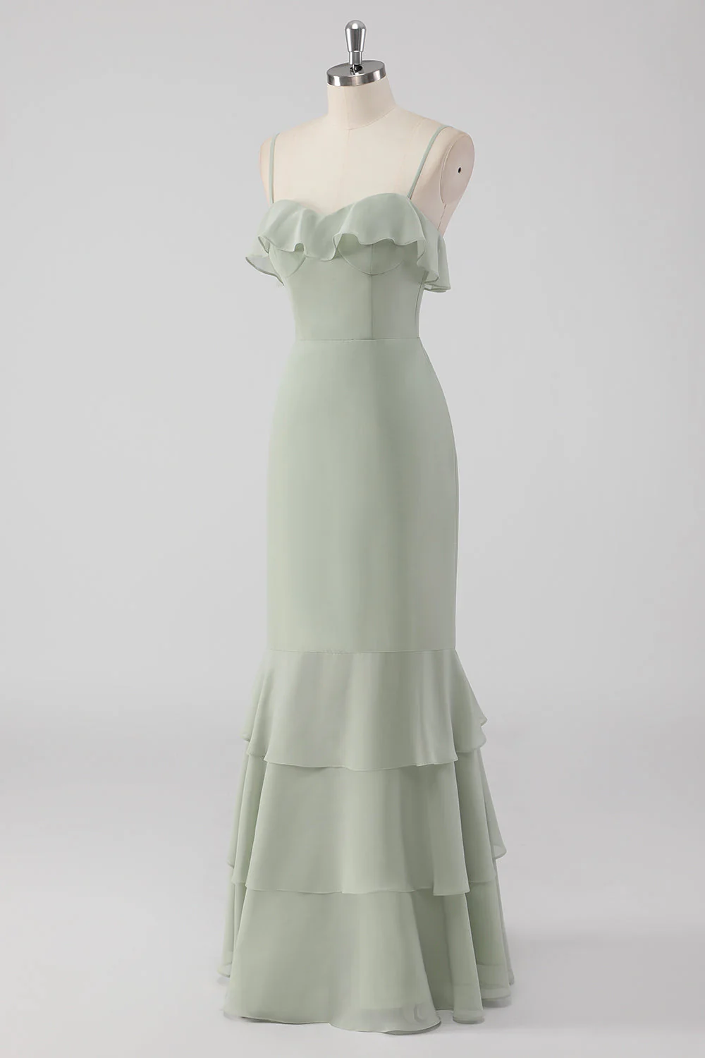 Dusty Sage Sheath Ruffled Spaghetti Straps Bridesmaid Dress - Image 3
