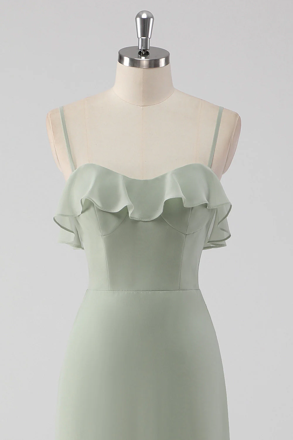 Dusty Sage Sheath Ruffled Spaghetti Straps Bridesmaid Dress - Image 4