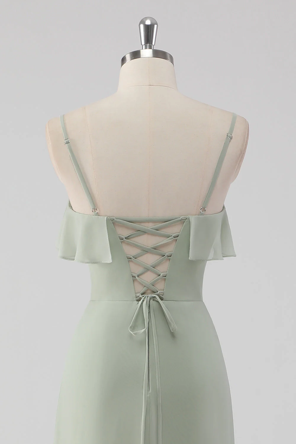 Dusty Sage Sheath Ruffled Spaghetti Straps Bridesmaid Dress - Image 5