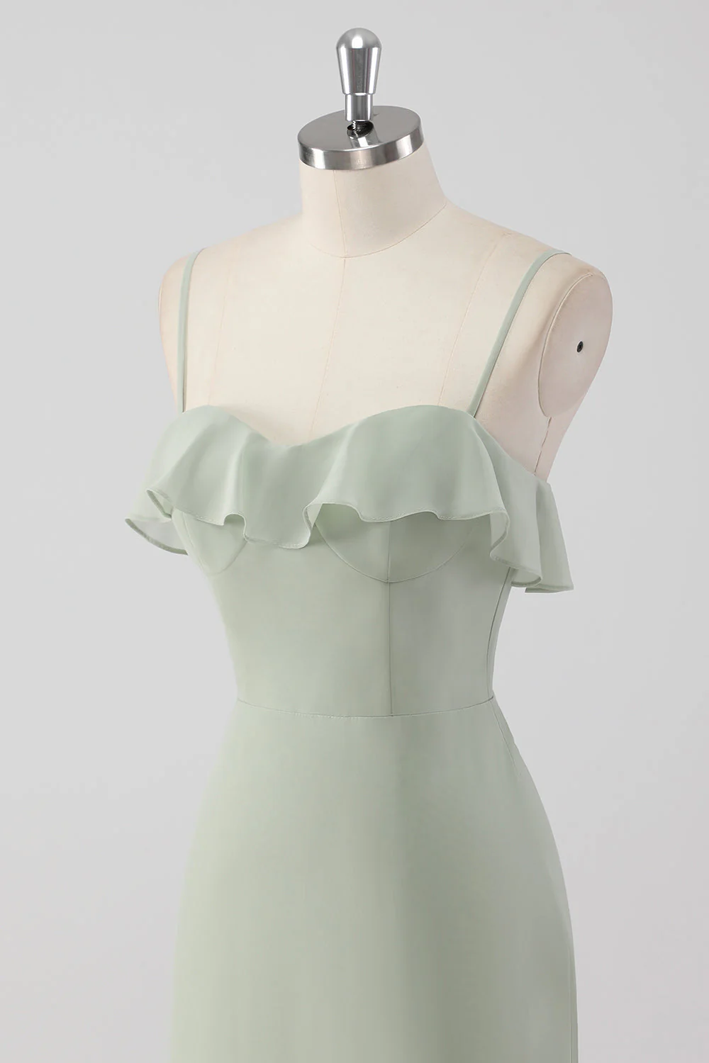 Dusty Sage Sheath Ruffled Spaghetti Straps Bridesmaid Dress - Image 6