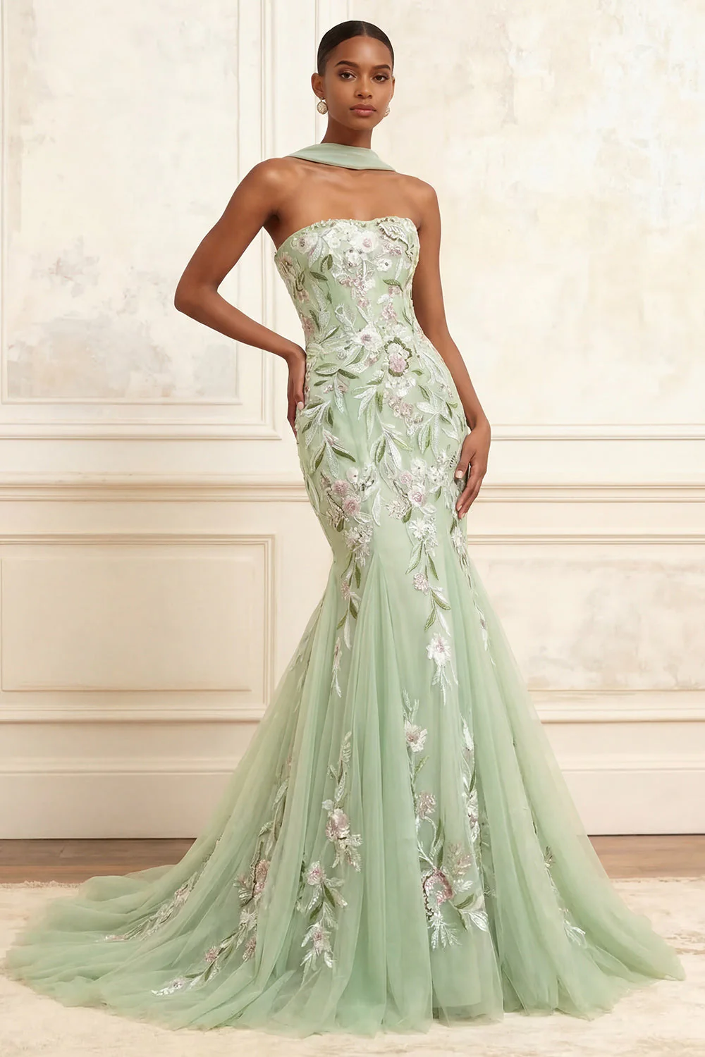 Dusty Sage Strapless Mermaid Sequins Embroidered Long Prom Dress with a Neck Scarf